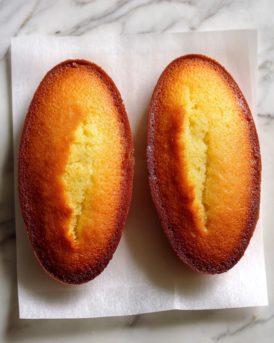 Two golden brown, oval-shaped cakes sit side by side on a white square sheet of parchment paper, which lies on a white marbled surface. The cakes have a smooth and slightly shiny top, with a soft texture that looks spongy and light. The edges are slightly darker with a toasted finish, showing the gentle baking color contrast. photo taken with an iphone --ar 4:5 --v 7
