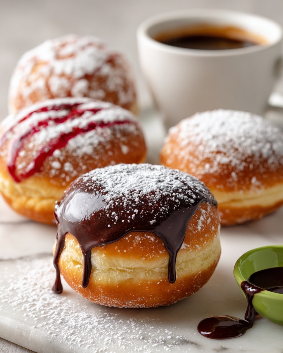 The image shows three round, golden-brown pastries dusted with white powdered sugar, placed on a white marbled surface. The closest pastry, in the center, is topped with a thick, smooth layer of shiny chocolate sauce that drips down its sides. Behind it, slightly out of focus, is another pastry with visible red streaks across the top, also dusted with powdered sugar. To the right is a smaller pastry, also dusted with powdered sugar, sitting near a white cup filled with chocolate sauce. A small green dish containing some chocolate sauce sits near the bottom right corner, with a drop of sauce beside it. photo taken with an iphone --ar 4:5 --v 7