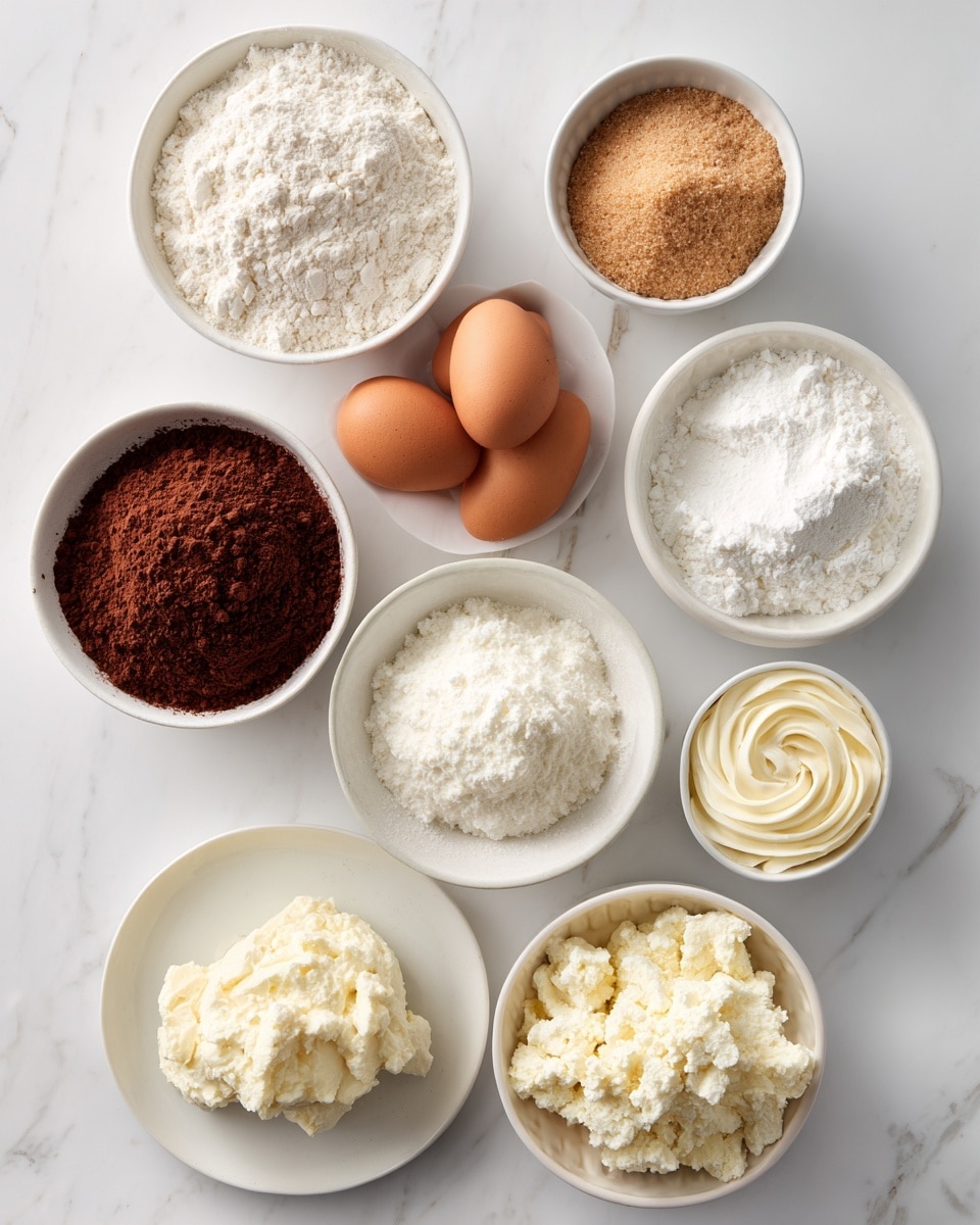 The image shows nine white bowls and one white plate arranged in a circular pattern on a white marbled surface, each holding a different baking ingredient. Starting from the top left, there is a bowl full of white flour with a soft, powdery texture. To its right is a bowl filled with fine white sugar, smooth and slightly rounded on top. Nearby is a small bowl with light brown sugar, grainy and slightly compacted. Just below, a bowl holds three brown eggs with smooth shells. On the far right, a bowl contains a swirled pile of white creamy butter. Moving left, there is a bowl with loose white powdered sugar. Beneath that is a bowl filled with rich red cocoa powder that looks finely ground. On the bottom left, a white plate holds a soft, creamy mound of pale butter. Above it is a bowl filled with solid off-white ricotta cheese. Lastly, in the center right, a bowl contains a crumbly, fluffy white curd-like substance. All bowls and plate are simple and white, sitting neatly on the white marbled surface. photo taken with an iphone --ar 4:5 --v 7