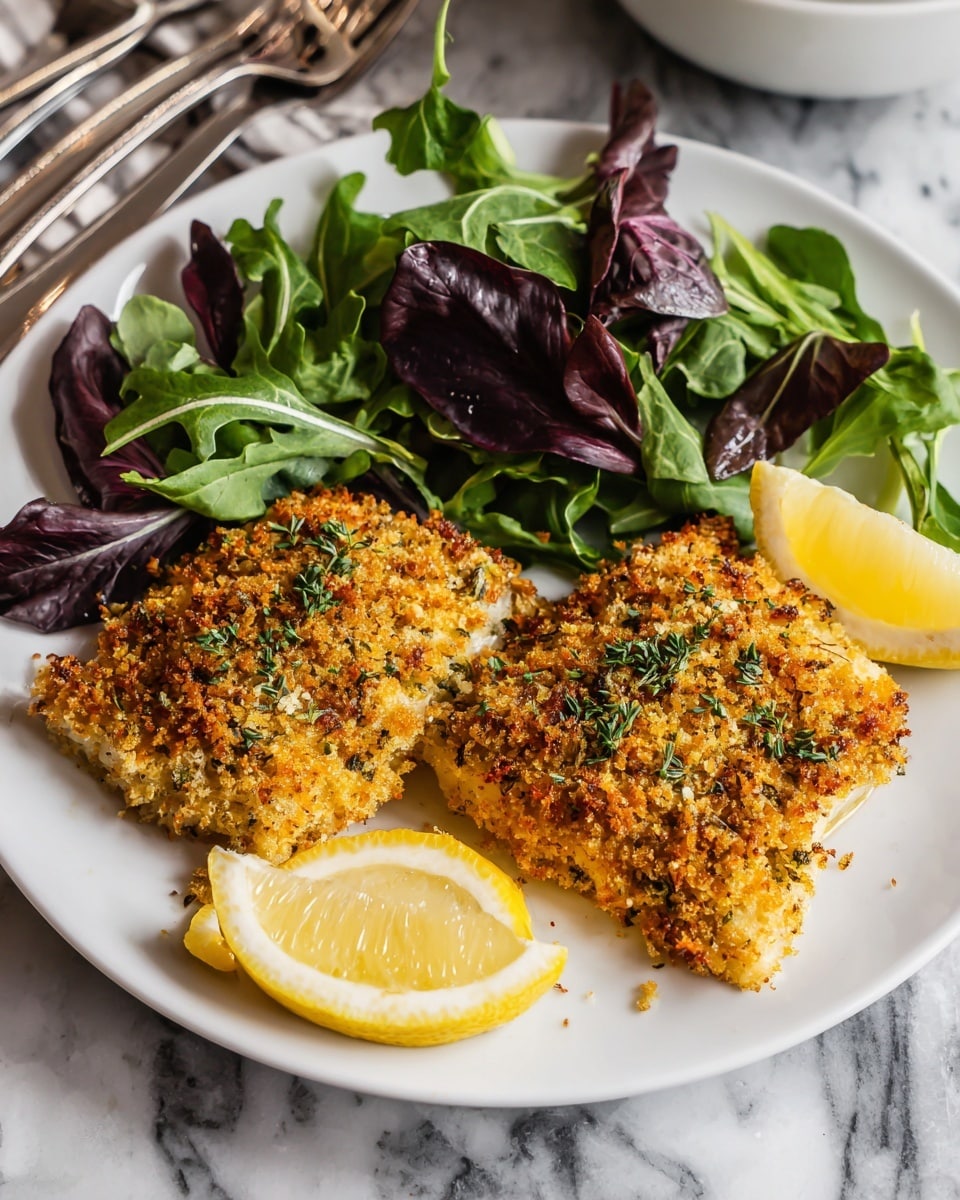 The image shows two pieces of golden brown crusted fish fillets, each covered with a crumbly, textured coating made of herbs and crumbs, placed on a white plate. Around the fish fillets, there are fresh mixed leafy greens including dark purple and bright green leaves, adding vibrant color and texture contrast. Two lemon wedges with bright yellow skin and juicy interiors are placed between the fillets and greens, adding a fresh touch. The plate sits on a white marbled surface, and part of a white bowl and silver cutlery can be seen in the background. photo taken with an iphone --ar 4:5 --v 7