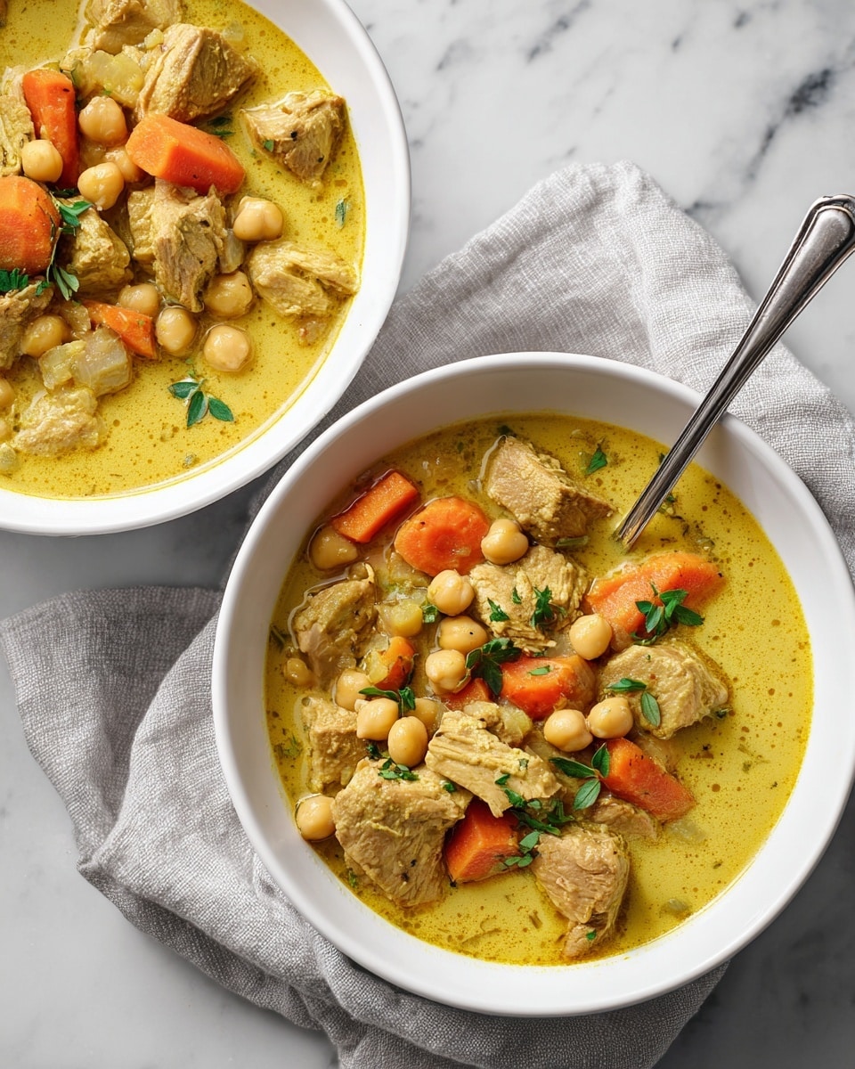 A white bowl filled with a rich yellow curry that has visible chunks of yellow meat, chickpeas, small pieces of orange carrot, and a few grains of rice mixed inside. The dish is topped with small green leaves of fresh herbs spread unevenly over the surface. The curry has a creamy texture with some liquid pooling around the solid ingredients. The bowl is placed on a white marbled surface with a white cloth partially visible underneath, and a woman's hand is gently holding the bowl from the left edge of the image. photo taken with an iphone --ar 4:5 --v 7
