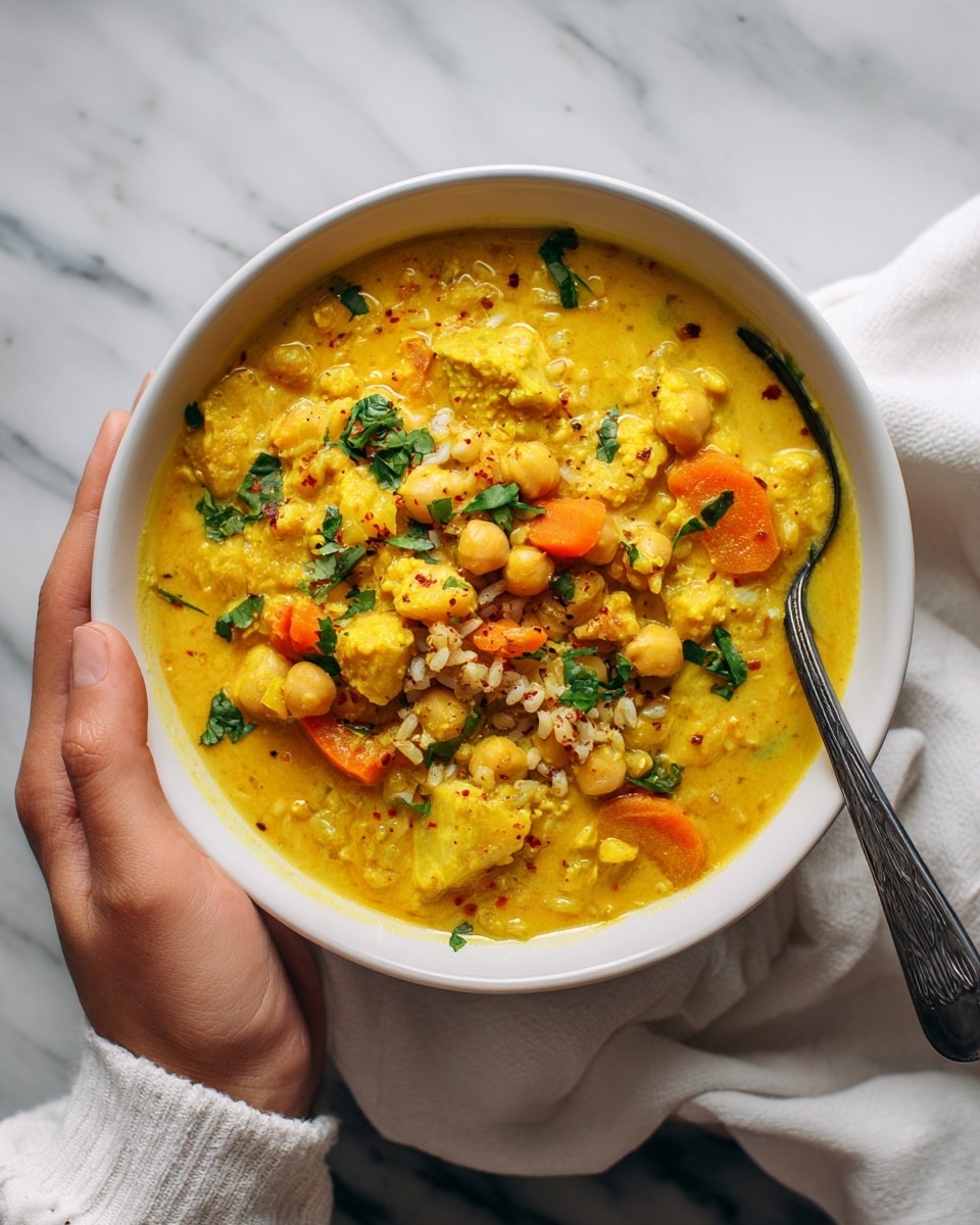 The image shows two white bowls placed on a white marbled surface, with a light grey cloth underneath the bowls. Each bowl is filled with a yellow creamy stew that has visible chunks of tender light yellow meat, orange carrot pieces, and beige chickpeas. The stew is garnished with small green herb leaves, adding a touch of freshness and color contrast. One bowl has a silver spoon resting inside, with its handle extending outwards. photo taken with an iphone --ar 4:5 --v 7