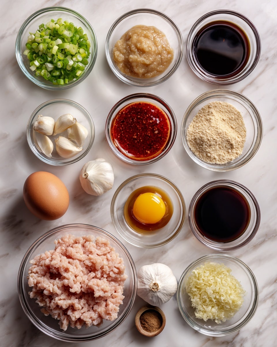 The image shows various ingredients arranged neatly on a white marbled surface. There are eleven small clear glass bowls and one large clear glass bowl containing pale pink ground chicken at the bottom center. Clockwise from the top left, the bowls hold chopped green scallions, whole white garlic cloves, smooth light brown applesauce, dark soy sauce, light beige panko crumbs, small amounts of black pepper and pink salt together, a raw brown egg, bright red chili garlic sauce, dark brown oyster sauce, and finely minced pale ginger in the center. Each ingredient is clearly visible, contrasting with the white marbled background, and labeled with black text above or beside them. Photo taken with an iphone --ar 4:5 --v 7