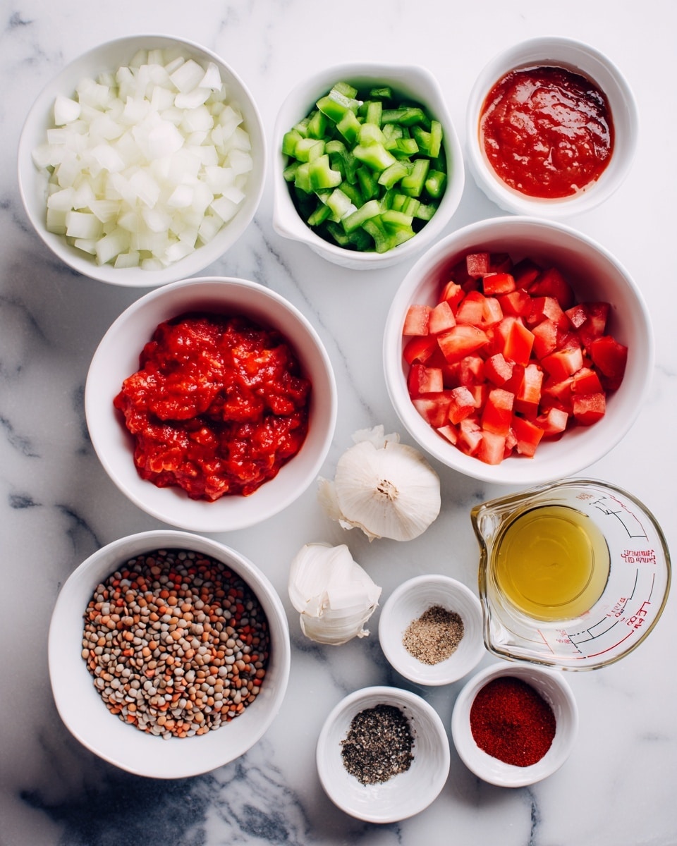 Several small white bowls are arranged on a white marbled surface, each containing different ingredients. On the left, there are chopped white onions, tomato paste in a small bowl, and chopped green bell peppers. Nearby, a large white bowl holds diced tomatoes with juice. Below these, smaller bowls display whole garlic, olive oil, a measuring cup with water, lentils, and a mixed bowl with red and white beans. In the center, there is a small bowl with spices including salt, black pepper, and chili powder. The scene is clean and bright, showing a raw ingredient setup ready for cooking. photo taken with an iphone --ar 4:5 --v 7