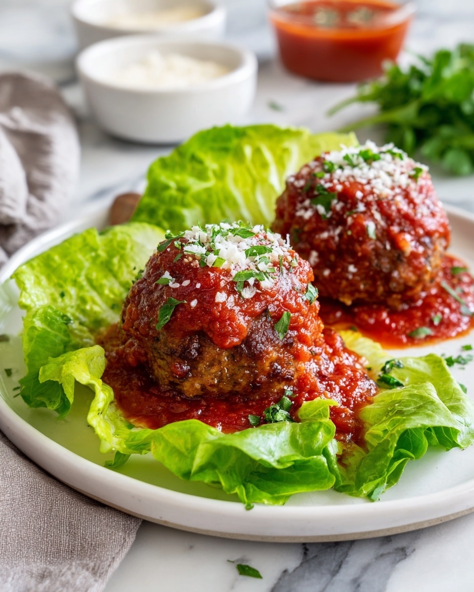 The image shows two round meatballs on a white plate placed on a white marbled surface. Each meatball is topped with a generous layer of bright red tomato sauce, sprinkled with small white grated cheese and chopped green herbs. The meatballs have a browned, slightly textured outer layer indicating they are cooked. Around the meatballs are fresh green lettuce leaves, adding a bright contrast to the dish. In the background, blurred white bowls contain extra sauce or sides, enhancing the focus on the meatballs in the front. Photo taken with an iphone --ar 4:5 --v 7
