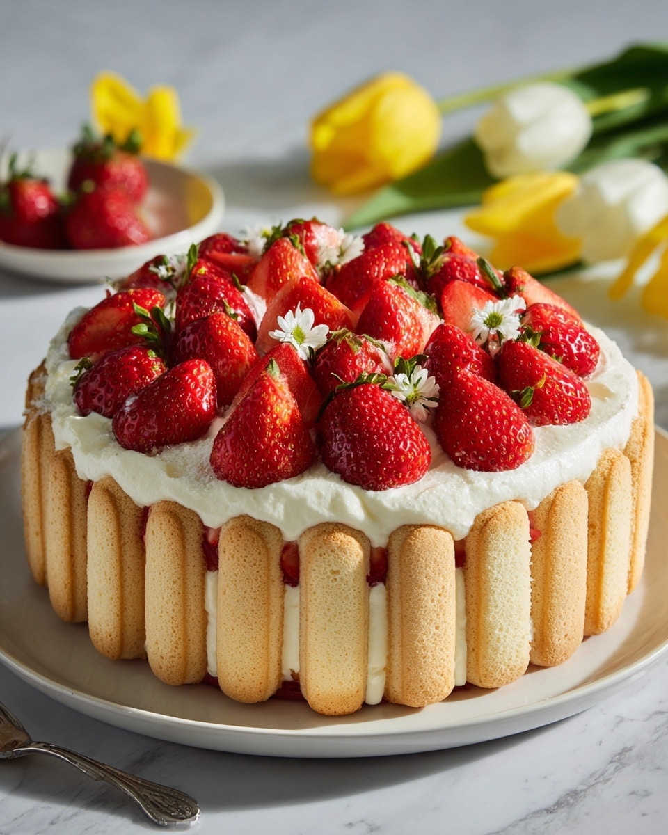 The image shows a slice of a strawberry shortcake with three main layers. The bottom layer is a soft, pale yellow sponge cake. The middle layer is a thick, light pink cream mixed with small strawberry pieces. The top layer is a white, fluffy whipped cream topped with whole and halved bright red strawberries with green leaves. Around the edge of the slice, there are light beige ladyfinger biscuits standing upright. The slice is placed on a simple white round plate, set on a white marbled surface. In the background, the remaining whole cake with the same layers and ladyfinger border is seen slightly out of focus, and some fresh strawberries and yellow tulips are also visible. Photo taken with an iphone --ar 4:5 --v 7