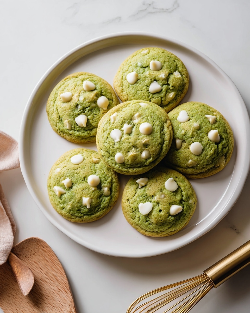 Six green cookies with a soft texture are spread out on a white plate with a smooth surface. Each cookie has small white chips on the top, scattered unevenly. There is a wooden whisk and a golden spoon placed near the cookies on the right side. The background is white with a marbled texture, adding a clean and bright feel to the image. Photo taken with an iphone --ar 4:5 --v 7