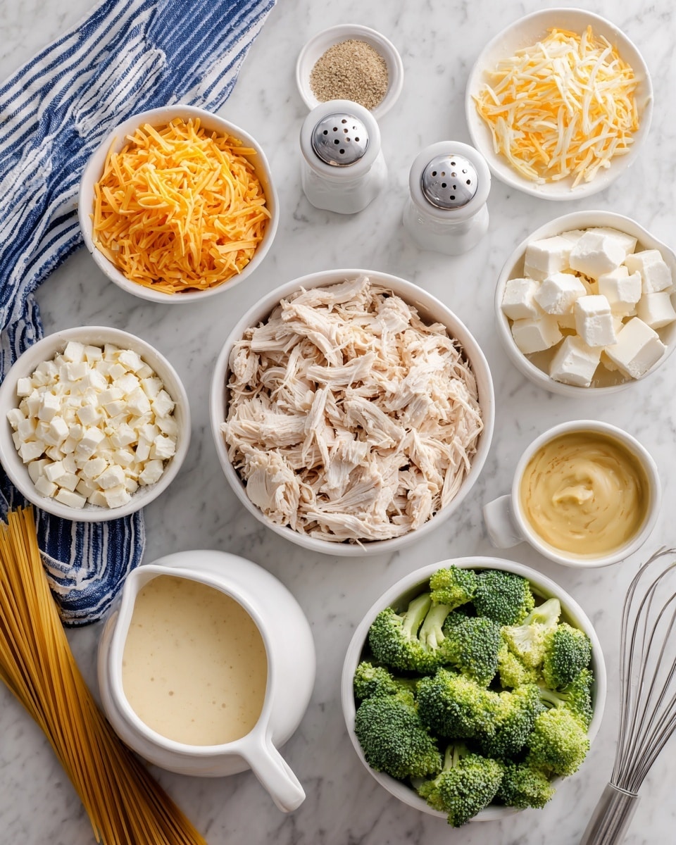 The image shows a white bowl in the center filled with shredded chicken, surrounded by several smaller white bowls and containers holding different ingredients on a white marbled surface. To the top left, there is a bowl with sharp cheddar cheese in thin orange strands, while to the right, a bowl with pepper jack cheese appears as off-white shredded pieces. Next to the shredded chicken are chunks of cream cheese in a bowl, and below that is a bowl full of fresh green broccoli florets. In front of the chicken is a small pitcher with evaporated milk, and next to it a bowl of creamy, light yellow cream of chicken soup. There is also Dijon mustard in a small white bowl, and measuring spoons with garlic and onion powder above the chicken. Salt and pepper shakers sit behind the chicken bowl, and loose dry spaghetti strands are scattered to the left and right edges of the image. A blue and white striped kitchen towel, with a silver whisk near it, lies at the bottom center. The entire scene is bright and neatly arranged, photo taken with an iphone --ar 4:5 --v 7