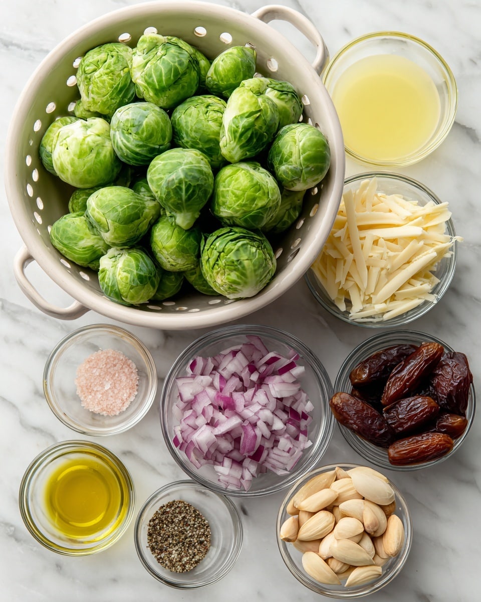 A white colander filled with fresh green Brussels sprouts sits at the top left on a white marbled surface. Around it are small clear glass bowls arranged like a loose circle: finely chopped light purple shallots top right, pale yellow lemon juice in the center right, light beige Dijon mustard bottom right, off-white Romano cheese chunks bottom right, sliced light brown almonds bottom center, dark brown sliced dates bottom left, golden olive oil center left, and a small bowl in the middle with mixed black pepper and pink salt. Each ingredient is clearly visible with a clean and bright look, photo taken with an iphone --ar 4:5 --v 7