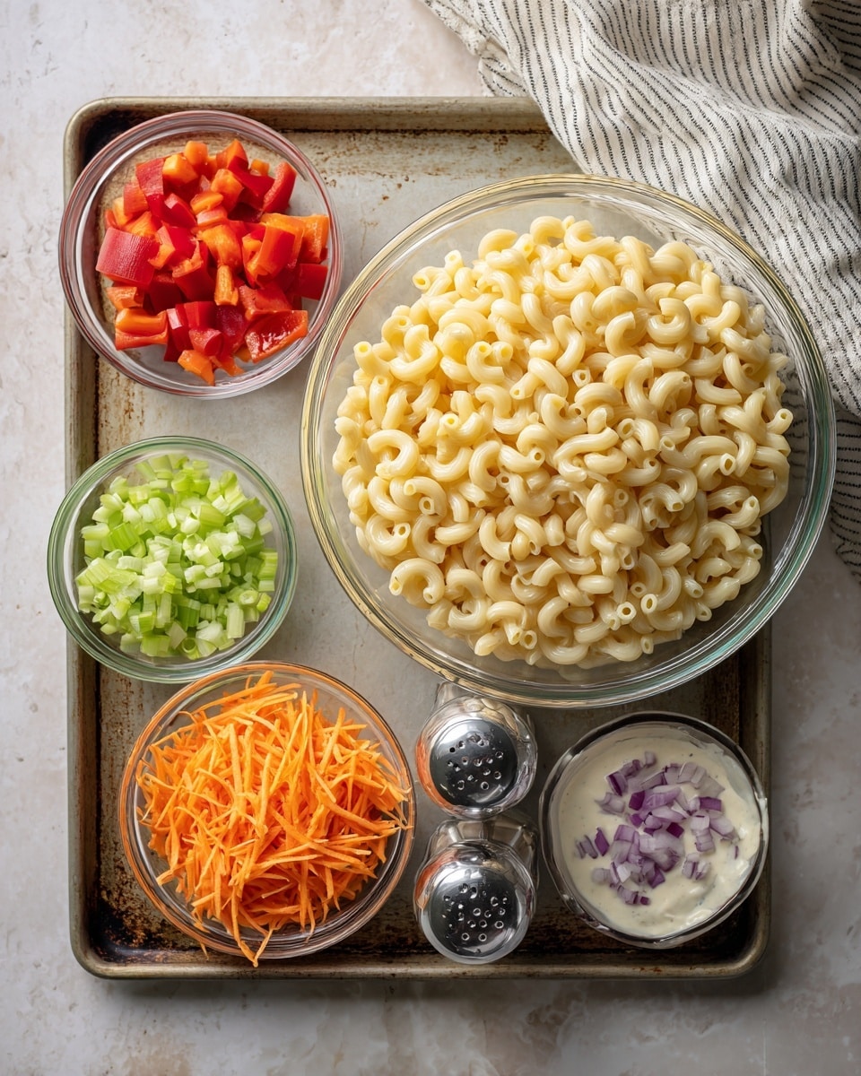A large clear glass bowl filled with pale yellow elbow macaroni sits in the center of a white marbled surface. Around it are five smaller clear glass bowls placed on a worn metal baking tray: one with bright red diced peppers at the top left, one with pale green chopped celery below it, a bowl of creamy white dressing in the middle, a bowl with shredded bright orange carrot on the right, and a bowl of small chopped purple onion pieces at the bottom right. Two clear glass salt and pepper shakers sit next to the dressing bowl, and a white and black striped cloth is partially visible on the top right corner. Photo taken with an iphone --ar 4:5 --v 7