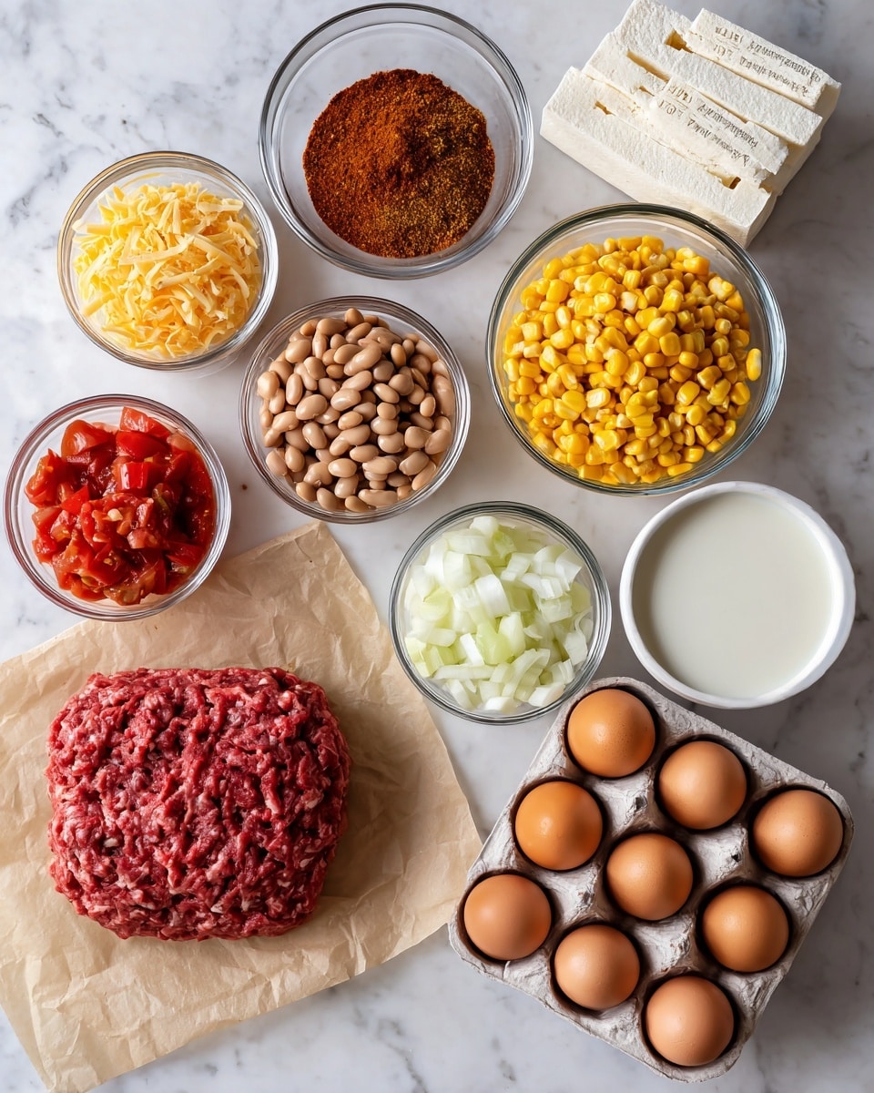 The image shows a top view of several ingredients arranged neatly on a white marbled surface. In the center, there is a large piece of raw ground beef on light brown parchment paper, with a bowl of taco seasoning above it. Surrounding it are clear glass bowls with pinto beans in light brown, corn in bright yellow, chopped white onion, and ro-tel tomatoes with red and orange colors. To the right, there are two white boxes of cornbread mix stacked vertically. Below the cornbread mix, there is a white egg holder containing six brown eggs. Below the onion bowl, there is a small white bowl with milk. Each item is clearly separated and labeled with text. photo taken with an iphone --ar 4:5 --v 7
