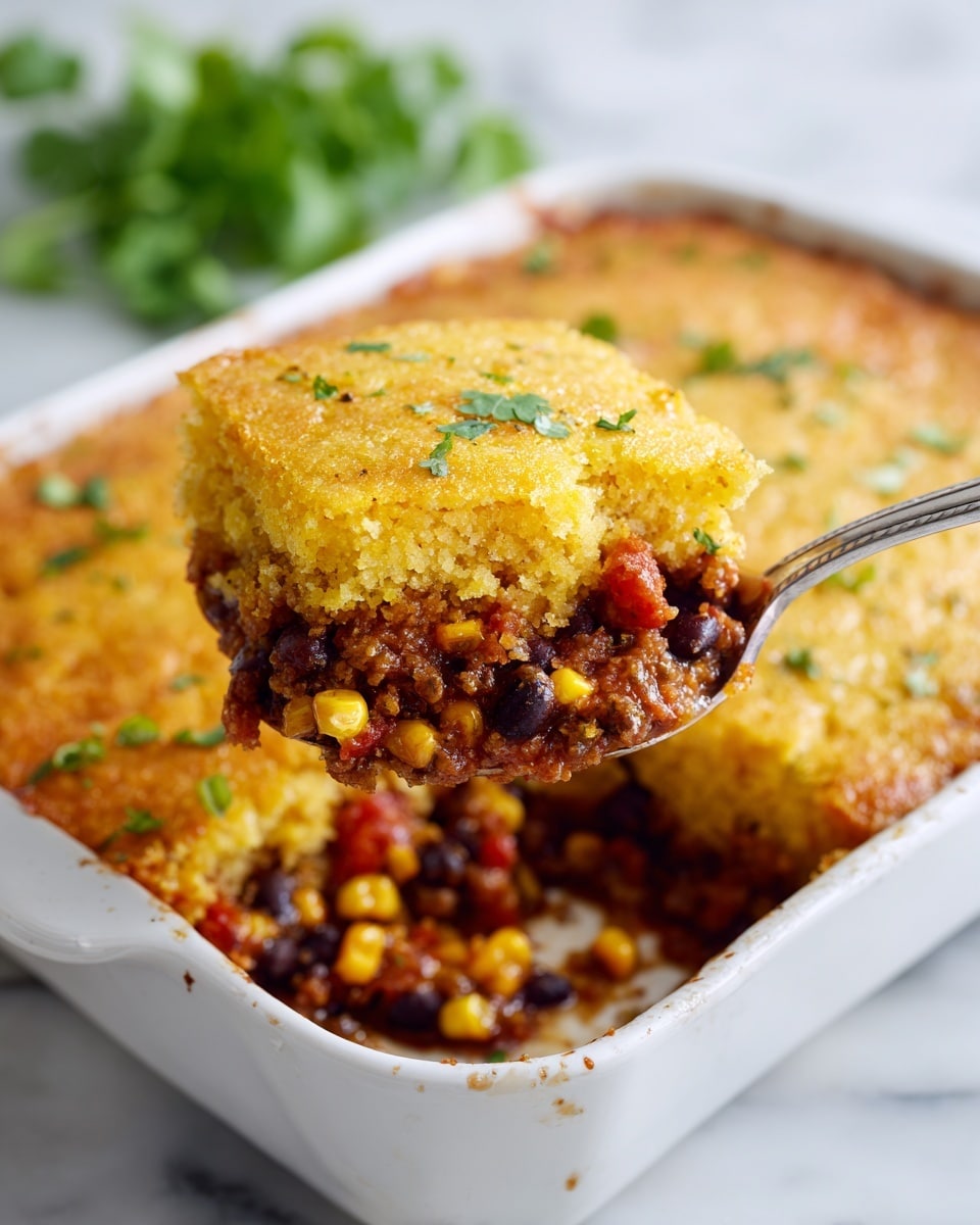 A white glass square dish filled with a two-layer casserole set on a white marbled surface; the bottom layer is a mix of dark brown beans, yellow corn, and red tomato pieces, creating a chunky and colorful base, while the top layer is a thick, golden-yellow cornbread with a slightly crispy texture and some green herbs sprinkled on it. A silver spoon holds a scoop showing both layers clearly, with the woman's hand not visible, and fresh green cilantro leaves sit blurred in the background. Photo taken with an iphone --ar 4:5 --v 7