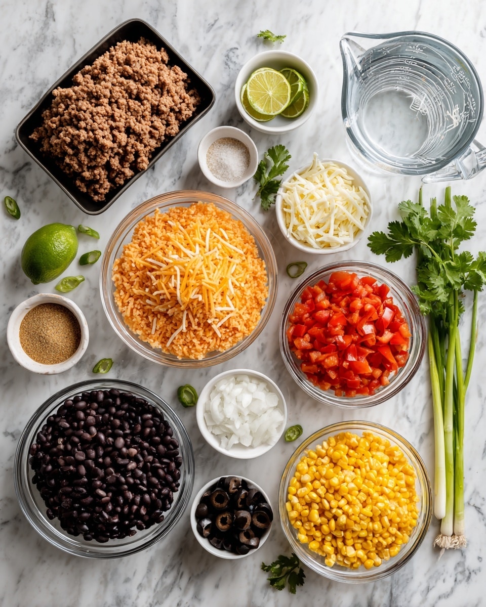 The image shows several small white bowls on a white marbled surface, each filled with different ingredients. There is a bowl with shredded yellow and white cheese in the center, a bowl with orange-red instant Spanish rice to the top right, and a bowl with yellow frozen corn to the bottom right. To the left of the rice bowl is a bowl filled with black beans, and next to the corn is a bowl with chopped red tomatoes and peppers labeled Rotel. At the top left, there is a black tray holding a block of lean ground beef. Other items include a small white bowl with light brown taco seasoning at the bottom left, a small bowl of white chopped onions near the top, and a clear glass measuring cup with water. Some lime halves and green cilantro sprigs are scattered around, along with a few black olives and green onion stalks on the right side. photo taken with an iphone --ar 4:5 --v 7