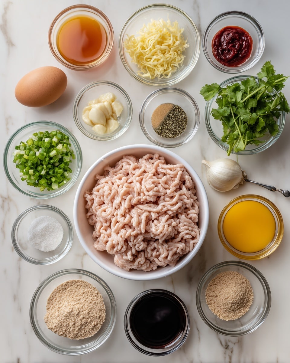 The image shows many clear glass bowls with different ingredients placed neatly on a white marbled surface. At the center is a white plastic container filled with raw ground turkey, light pink and pale beige in color with a wavy texture. Surrounding it are small bowls with various ingredients: a single brown egg, finely chopped light yellow ginger, whole white garlic cloves, chopped green scallions, light tan panko breadcrumbs, black and pink salt and pepper mix, fresh green cilantro leaves, dark brown soy sauce, bright orange juice, amber sesame oil, clear rice vinegar, a small amount of red chili paste, white cornstarch, clear water, beige to light brown brown sugar, and light tan sesame seeds. Each bowl has smooth and clean surfaces, arranged clearly with labels. Photo taken with an iphone --ar 4:5 --v 7