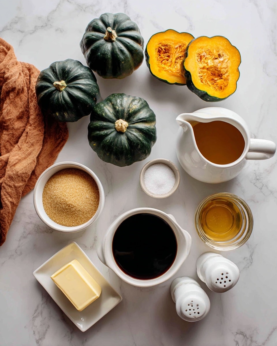 The image shows ingredients arranged on a white marbled surface for making a squash dish. There are several dark green whole acorn squashes and a few halved ones revealing their bright orange inside. A small white bowl contains light brown sugar, next to a white measuring cup with water. Two white shakers labeled salt and pepper sit near a small glass pitcher filled with maple sugar syrup. A white butter dish holds a slab of butter. A rusty orange cloth is partially visible on the left side. All items are neatly spaced and well-lit. Photo taken with an iphone --ar 4:5 --v 7