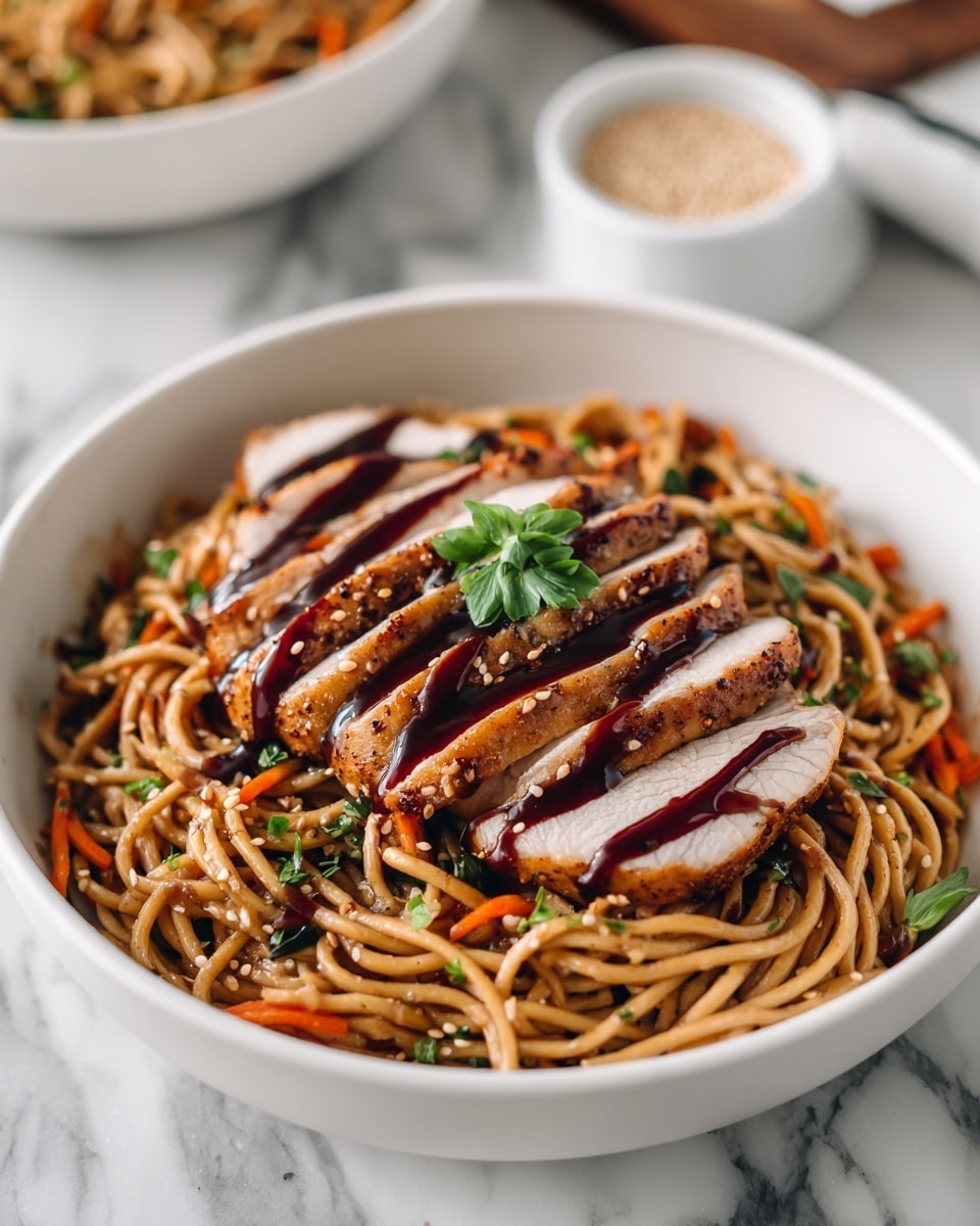 A white bowl filled with a base layer of light brown noodles mixed with small pieces of orange carrot and green herbs scattered throughout. On top, there are five slices of white meat arranged in a row, each slice drizzled with a glossy dark brown sauce. A small green leafy garnish sits in the center of the dish for color contrast. The setting is a white marbled surface with another bowl of noodles slightly blurred in the background and a small white container with sesame seeds nearby. photo taken with an iphone --ar 4:5 --v 7