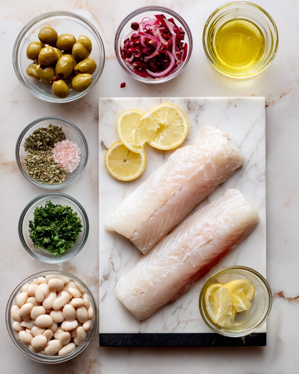 The image shows ingredients arranged neatly on a white marbled surface. At the bottom, there are two raw fish fillets with pale pink and white colors, placed on a white cutting board with black edges. Around the cutting board, there are small clear glass bowls containing different ingredients: light green sliced olives, thinly sliced pink shallots, bright red sliced chile, pale yellow lemon slices, cooked white cannellini beans, chopped green parsley, dried green oregano, and a small mix of pink salt and black pepper. Two clear glass bowls hold liquids: one with golden olive oil and another with pale yellow dry white wine. Each ingredient is labeled in black text above or near its container. Photo taken with an iphone --ar 4:5 --v 7
