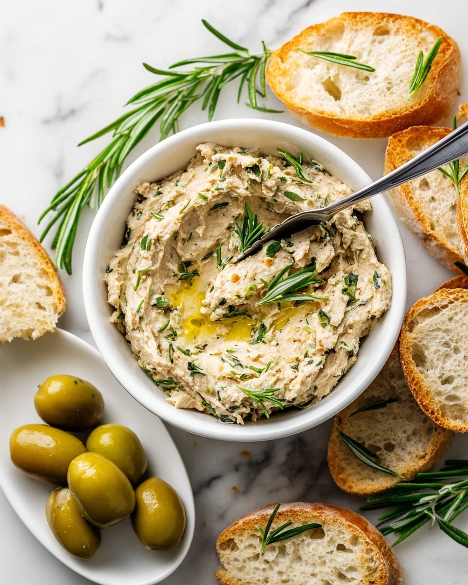 A white bowl filled with a thick spread that has a light brown color with green herb pieces mixed in, topped with fresh green rosemary sprigs and a small pool of olive oil. A knife is scooping some spread from the bowl, resting on top. Around the bowl, there are slices of crusty white bread, some with the spread and some plain, each garnished with small rosemary sprigs. Bright green olives are placed on a white plate beside the bread. All items are on a white marbled surface, creating a clean and fresh look. photo taken with an iphone --ar 4:5 --v 7