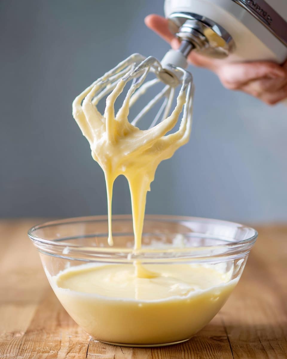 The image shows a close-up of a woman's hand holding a white mixer beater covered in smooth, light yellow batter. The beater is lifted above a clear glass mixing bowl that contains more of the same batter. The mixer is white and silver, sitting on a wooden surface with a soft focus on the background. The batter looks creamy and soft, dripping gently from the beater's edges. photo taken with an iphone --ar 4:5 --v 7