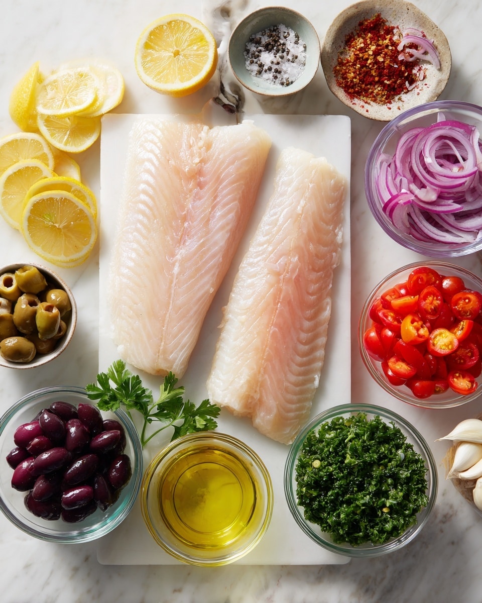 The image shows two raw fish fillets on a white cutting board at the top left corner, pale pink and smooth in texture. Around the cutting board are small clear glass bowls arranged on a white marbled surface, each filled with different ingredients. Starting from the top right, there is a small bowl of black and white salt and pepper mix, below it a bowl with thinly sliced red onion rings in purple and white colors, next to that is a bowl filled with halved bright red cherry tomatoes. Moving down, there are thin slices of lemon in a bowl, next to it is a small bowl with a light yellow liquid of dry white wine. Below these, a bowl of chopped fresh green parsley, a bowl of dark green capers, and beside it a bowl containing yellow olive oil. At the bottom left corner, there is a bowl of dark purple Kalamata olives, next to it a small bowl with two peeled garlic cloves, a bowl with red bell pepper strips in bright red, and lastly a bowl with red pepper flakes. The setup is neat and colorful with clear separation of each ingredient, shown in bright natural light. photo taken with an iphone --ar 4:5 --v 7