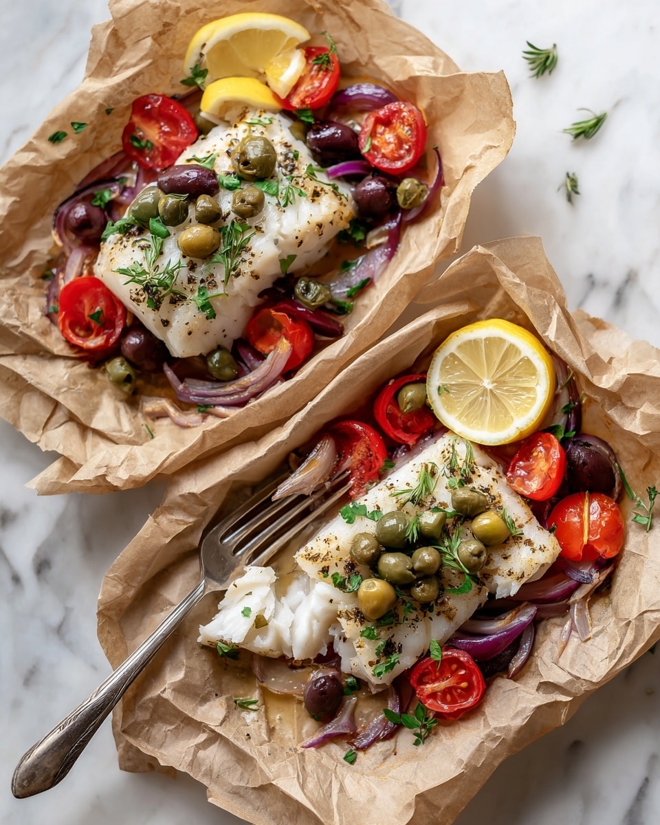 The image shows two parcels made of parchment paper on a white marbled surface. Each parcel contains cooked white fish fillets as the main layer, topped with small green capers, black olives, and sprinkled herbs. Surrounding the fish are bright red cherry tomato halves, thin slices of red onion, and thin slices of red bell pepper, giving a mix of red, purple, and green colors. There is also a slice of lemon placed on top of the vegetables in each parcel. A silver fork rests on the lower parcel, holding a piece of the white fish. The edges of the parchment paper are slightly crumpled and a little stained with juices from cooking. Photo taken with an iphone --ar 4:5 --v 7