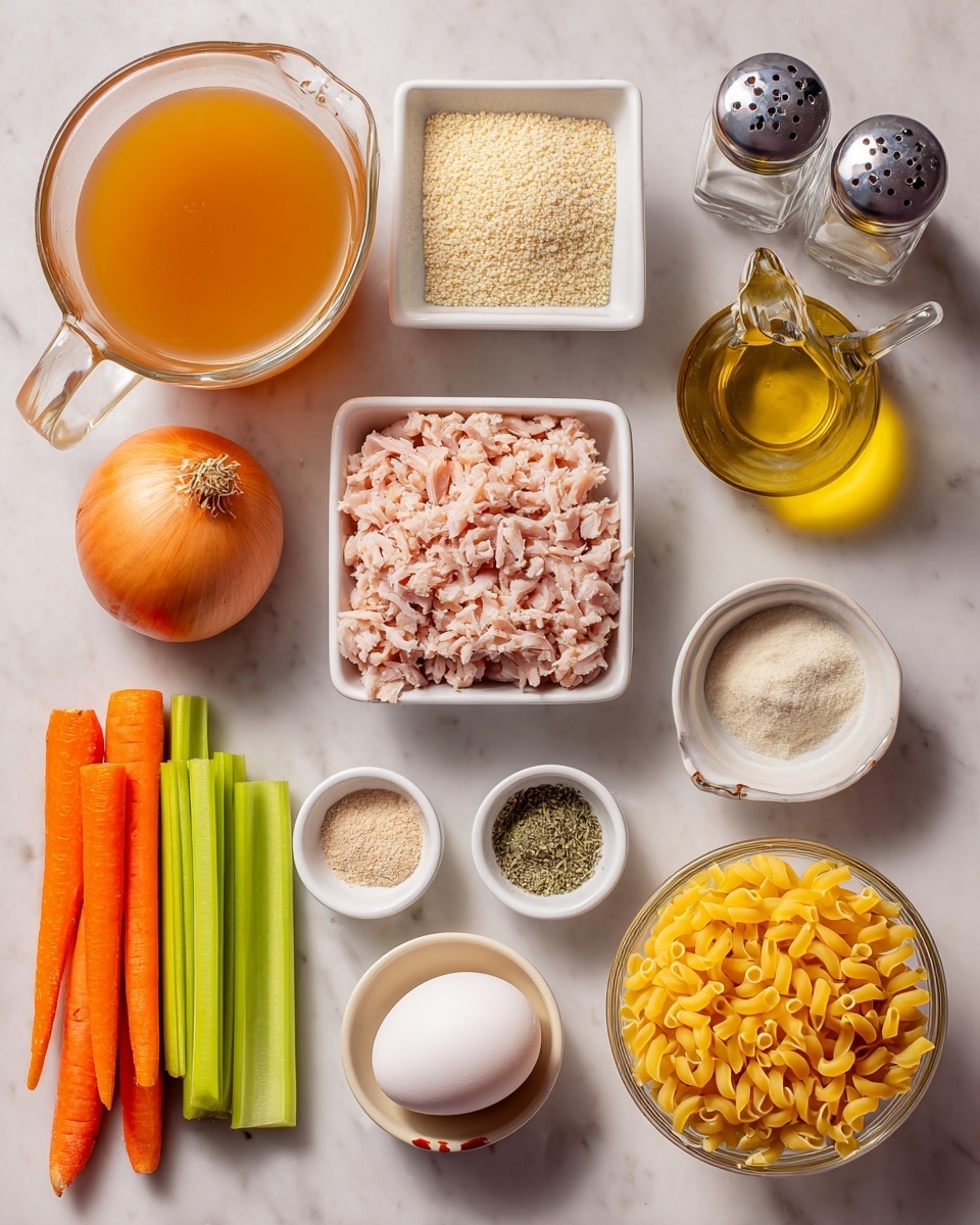 The image shows a clear measuring cup filled with light brown broth on the left side, next to a small square white bowl of pale beige bread crumbs and a large clear glass bottle of yellow oil with a metal pour spout. Below the broth is an orange onion and a white rectangular dish filled with pale pink minced chicken. In the lower left corner, there are three bright orange carrots and three green celery sticks lined up side by side. Near the bottom center is a white egg, next to three small white square bowls containing pale light brown garlic powder, green oregano with a small spoon in it, and pale beige onion powder. To the right is a small clear glass bowl filled with yellow small tubular pasta. In the upper right corner are two clear glass shakers with salt and black pepper. Everything is placed on a white marbled background photo taken with an iphone --ar 4:5 --v 7