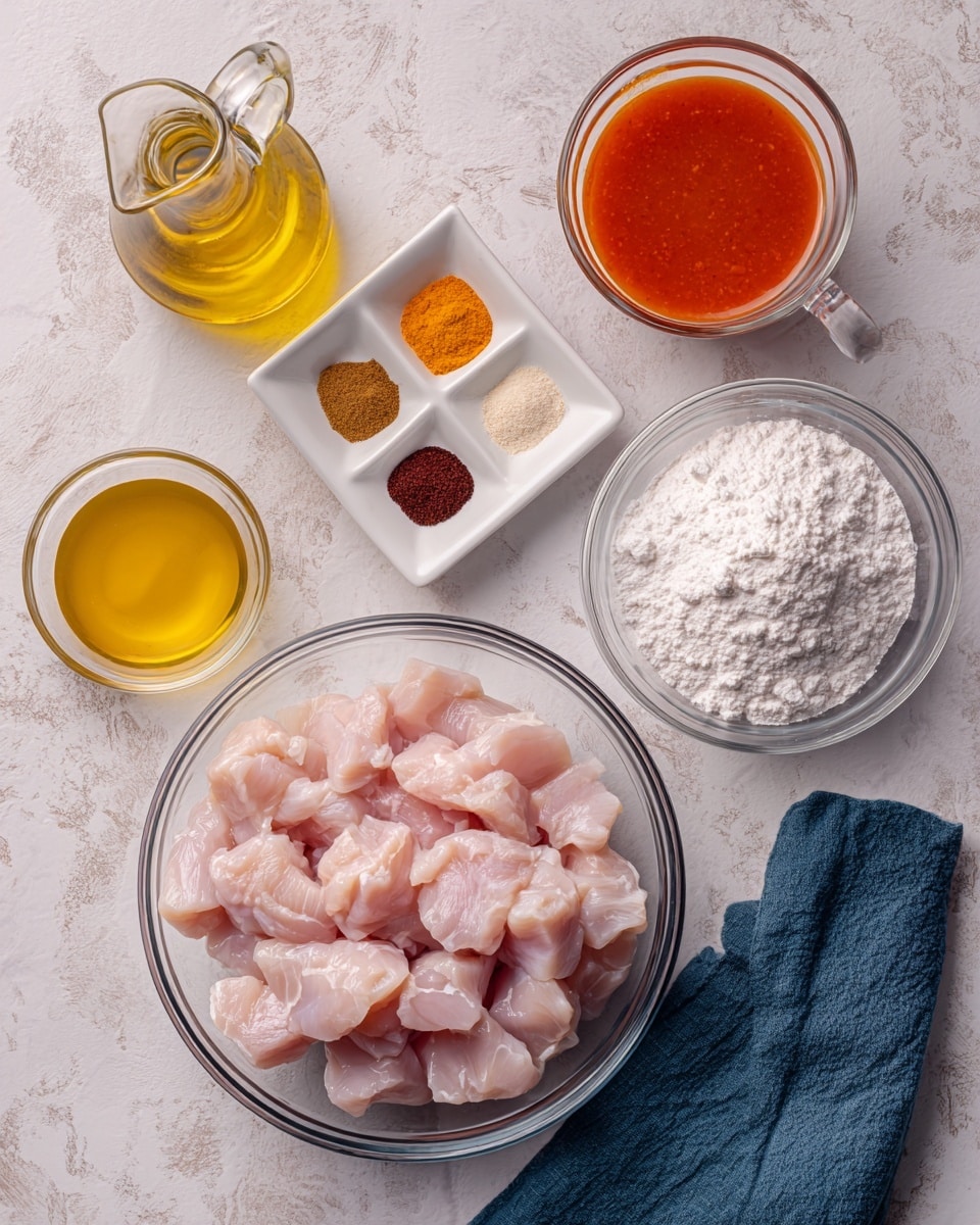 The image shows a top view of six ingredients on a white marbled surface, arranged neatly around a central bowl of diced chicken. The clear glass bowl at the bottom center holds pale pink pieces of diced chicken, each piece smooth and fresh-looking. Above the chicken, there is a small white square dish with three sections of seasoning powders: dark brown, light beige, and reddish-orange. To the left, a small clear glass bottle contains yellow olive oil. Next to the seasoning dish, a clear glass bowl is filled with white cornstarch, fluffy and fine in texture. Towards the top right, a measuring cup holds light yellow chicken broth, a little transparent in look. In the middle top, a small glass pitcher contains bright orange-red buffalo sauce. To the far right, a folded dark blue cloth napkin adds contrast to the arrangement. Everything is placed on a softly textured white marbled surface. photo taken with an iphone --ar 4:5 --v 7