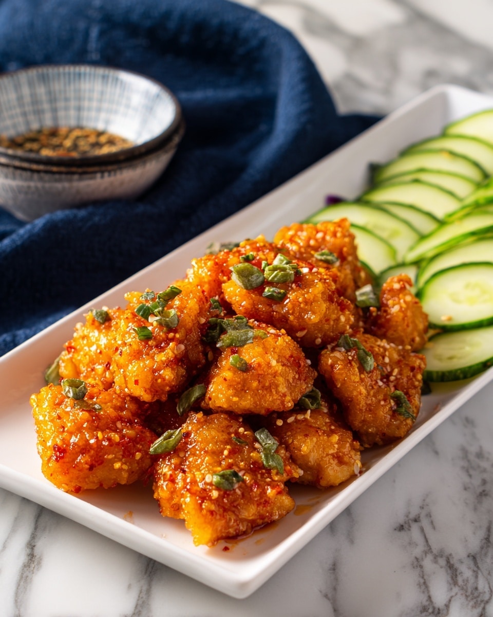 The image shows a white rectangular plate filled with several pieces of crispy, bright orange fried chicken bites, each coated in a textured sauce with small green herb flakes sprinkled on top. Behind the chicken pieces, there are thin slices of fresh green cucumber arranged neatly along the back edge of the plate. To the left side of the frame, a small portion of a white bowl with a dark rim is visible, sitting on a white marbled surface. A dark blue cloth is softly draped in the background. photo taken with an iphone --ar 4:5 --v 7