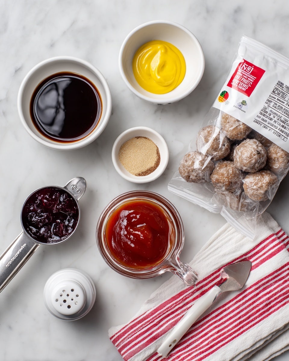 The image shows ingredients arranged on a white marbled surface including a white bowl filled with dark Worcestershire sauce, a white bowl with a dollop of yellow dijon mustard, a clear measuring cup filled with reddish-brown barbecue sauce, a metal measuring cup holding dark purple grape jelly, a metal measuring spoon with light tan garlic powder, and a white salt shaker next to a white pepper shaker. There is also a large white bag of frozen meatballs with red, green, and orange details on the packaging near the top right corner. A red and white striped towel is placed at the bottom right. photo taken with an iphone --ar 4:5 --v 7