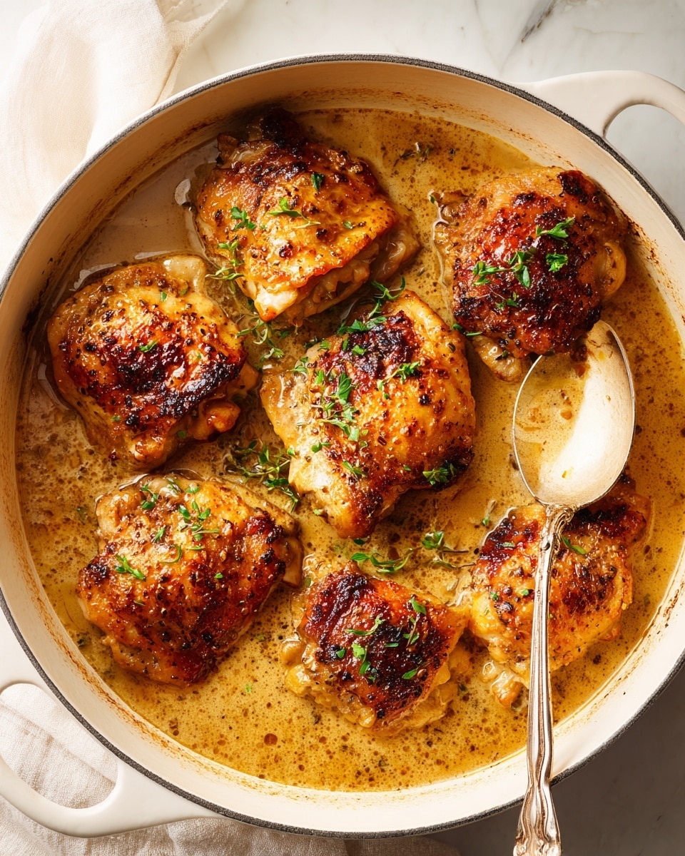 A round white enamel pot with green handles is filled with seven pieces of browned cooked chicken thighs, each with a crispy, golden-brown skin. The chicken sits in a light brown sauce with sliced onions and small sprigs of fresh thyme scattered on top. The pot rests on a wooden surface, with a white and gray striped cloth nearby. Small bowls of salt and pepper are also visible near the pot. Photo taken with an iphone --ar 4:5 --v 7