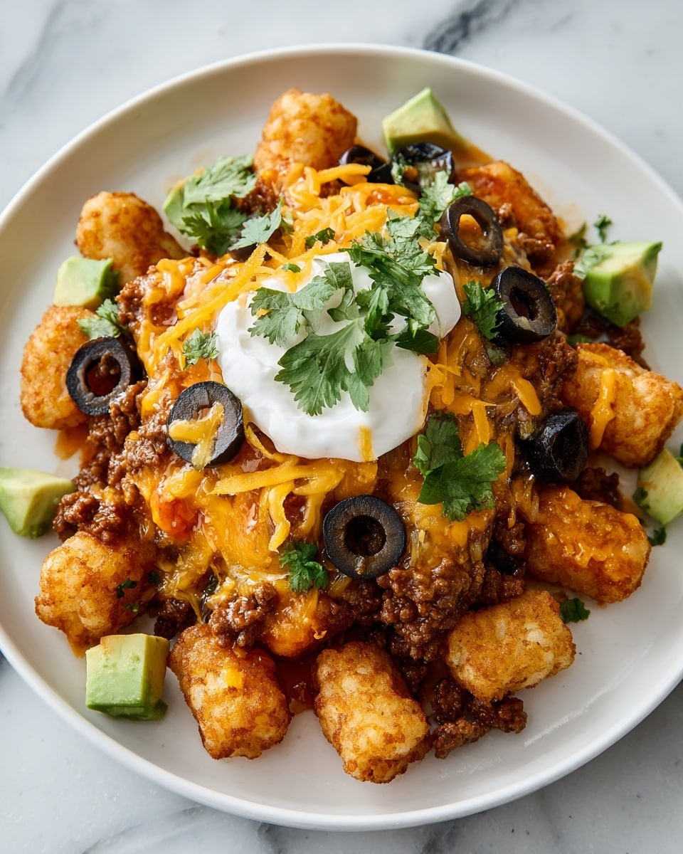 The dish shows a close view of a white plate with three main layers: the bottom layer is crispy golden tater tots scattered with small crumbles of browned ground meat; the middle layer has melted bright orange cheese drizzled over the tater tots and some black olive slices; on top, there is a dollop of thick white sour cream, thin curls of shredded cheddar cheese, and fresh green cilantro leaves. Around the edge of the plate are small chunks of pale green avocado, all set on a white marbled surface. Photo taken with an iphone --ar 4:5 --v 7