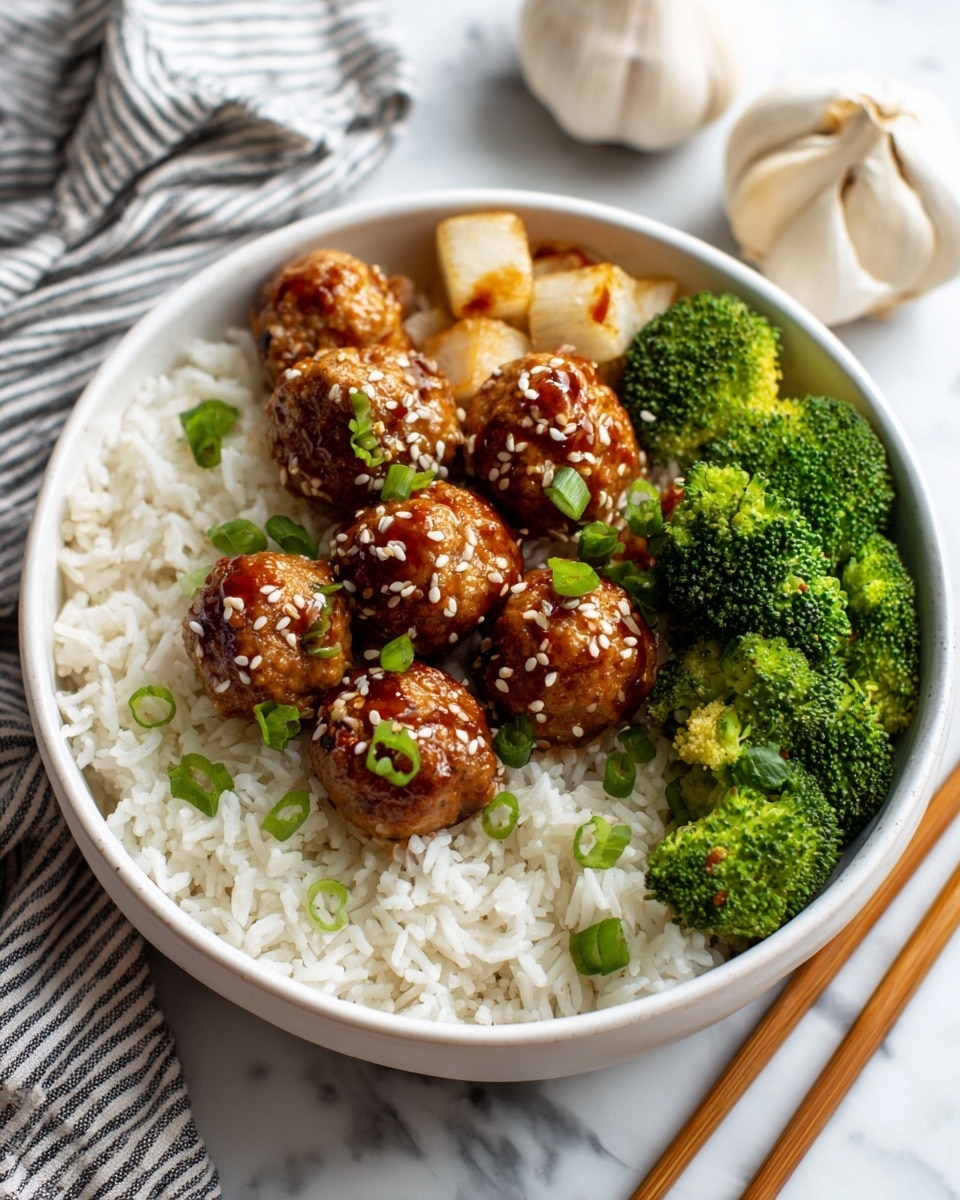 A close-up view of a white bowl filled with small round meatballs in a brown sauce. The meatballs have a textured, browned surface. There are small green chopped pieces scattered on top and some white sesame seeds sprinkled over the dish. A spoon holds several meatballs and some orange chunks, lifted above the bowl showing the glossy sauce underneath. The background is a white marbled surface. photo taken with an iphone --ar 4:5 --v 7