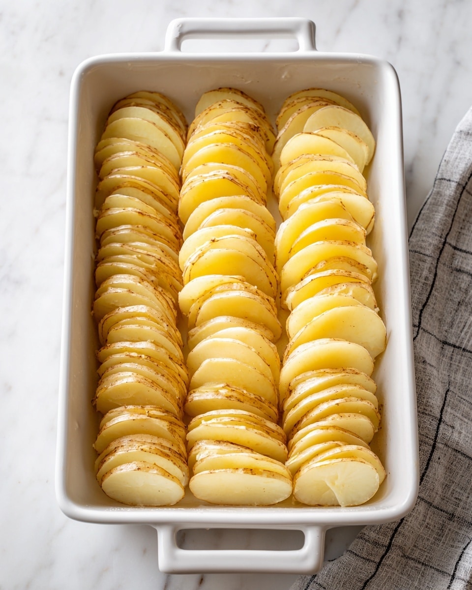 The image shows a white rectangular baking dish filled with five stacks of thinly sliced potatoes arranged horizontally in rows. Each stack consists of many evenly cut potato slices with light brown skin and pale yellow flesh, standing upright and closely packed together. The dish sits on a white marbled surface, and a grey and white checkered cloth is partly visible on the right side. The overall look is neat and ready for cooking. photo taken with an iphone --ar 4:5 --v 7