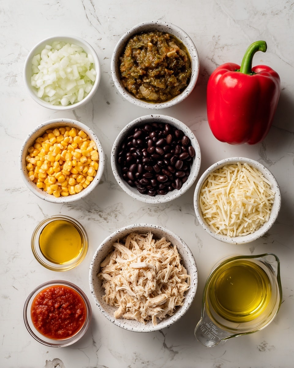 The image shows several small white bowls arranged on a white marbled surface, each holding different ingredients. Starting from the top left, there is a bowl of finely chopped white onions, next to it a bowl with chunky greenish-brown salsa, and a whole red bell pepper to the right. Below the onions is a clear bowl with yellowish oil, followed by a speckled white bowl filled with black beans in the center. To the right of the beans is a bowl of yellow corn kernels, and next to it a bowl of shredded white cheese. Below the oil is a small clear bowl with red tomato paste. In the center bottom is a bowl with a heap of shredded light-colored chicken and to the left of that is a bowl of brown rice. Finally, to the right of the cheese, there is a clear measuring cup with a yellowish broth. The setup is bright and clean, with all bowls neatly spaced. photo taken with an iphone --ar 4:5 --v 7