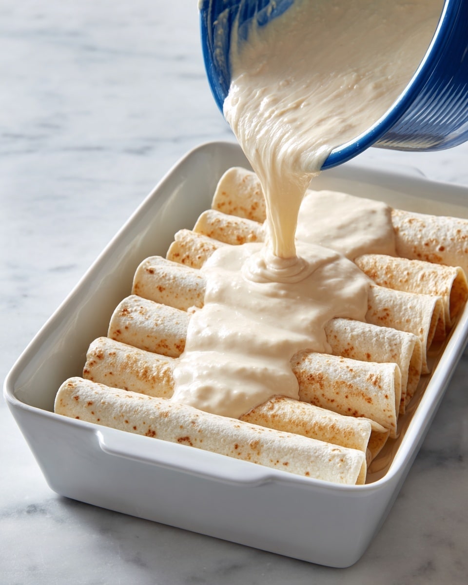 The image shows a white rectangular dish filled with multiple rolled tortillas arranged closely next to each other in a single layer. A thick, light tan creamy sauce with a smooth texture and some small lumps is being poured from a blue container over the tortillas, covering them partially. The scene is set on a white marbled surface with soft natural lighting. Photo taken with an iphone --ar 4:5 --v 7