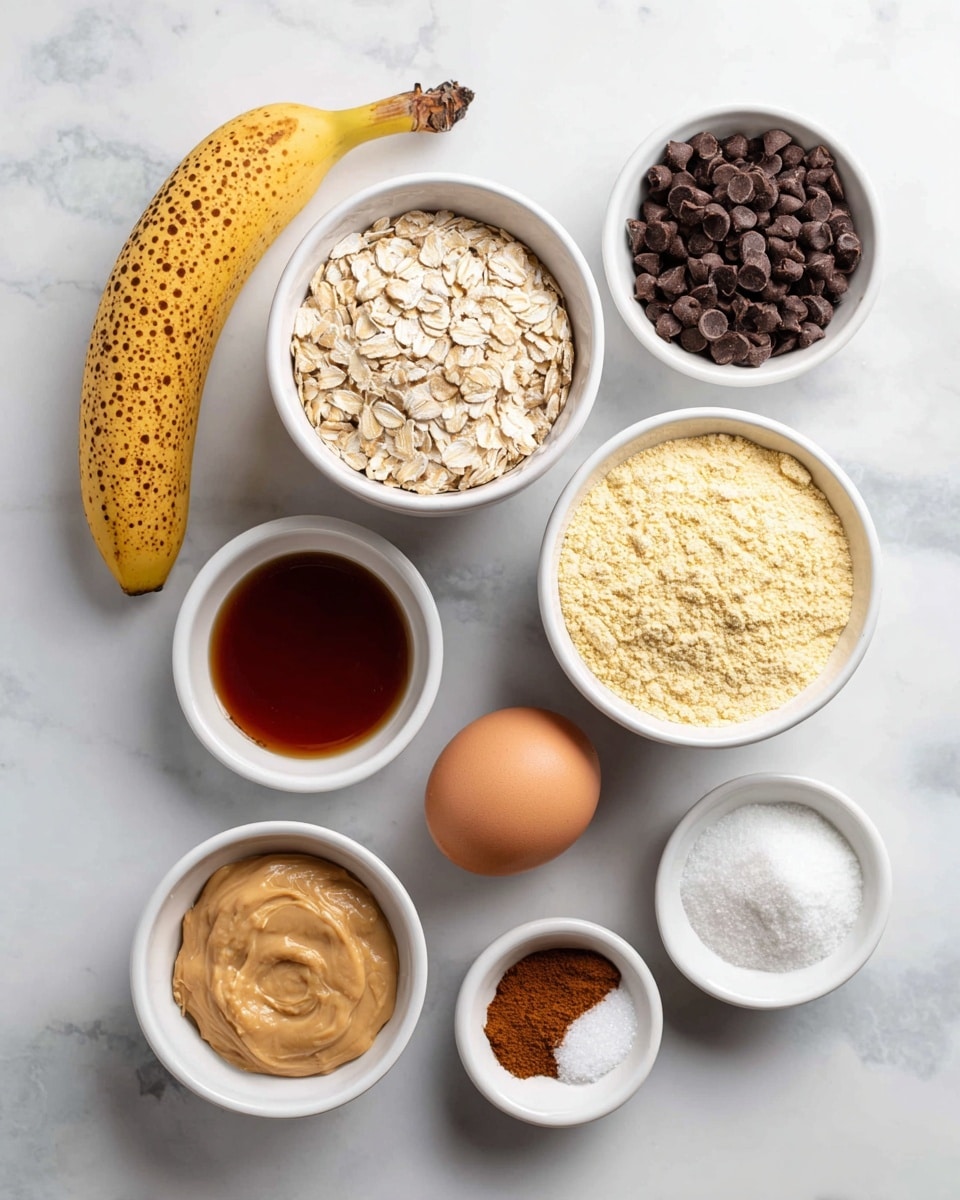 The image shows an arrangement of ingredients on a white marbled surface, each in a white bowl or alone. There is one spotted ripe banana lying horizontally on the left. Next to it is a bowl filled with pale beige rolled oats. To the right of the oats is a small white bowl packed with dark brown chocolate chips. Below the banana, there is a bowl with dark amber maple syrup. Beside it, a medium brown egg stands upright. A large bowl filled with light yellow vanilla protein powder is placed to the right of the egg. Below the maple syrup bowl is a bowl with creamy almond butter in a light brown color. Three small white bowls with ingredients complete the setup: one with white baking powder, one with coarse salt, and one with reddish-brown cinnamon. The layout is clean and neat, viewed from above, photo taken with an iphone --ar 4:5 --v 7