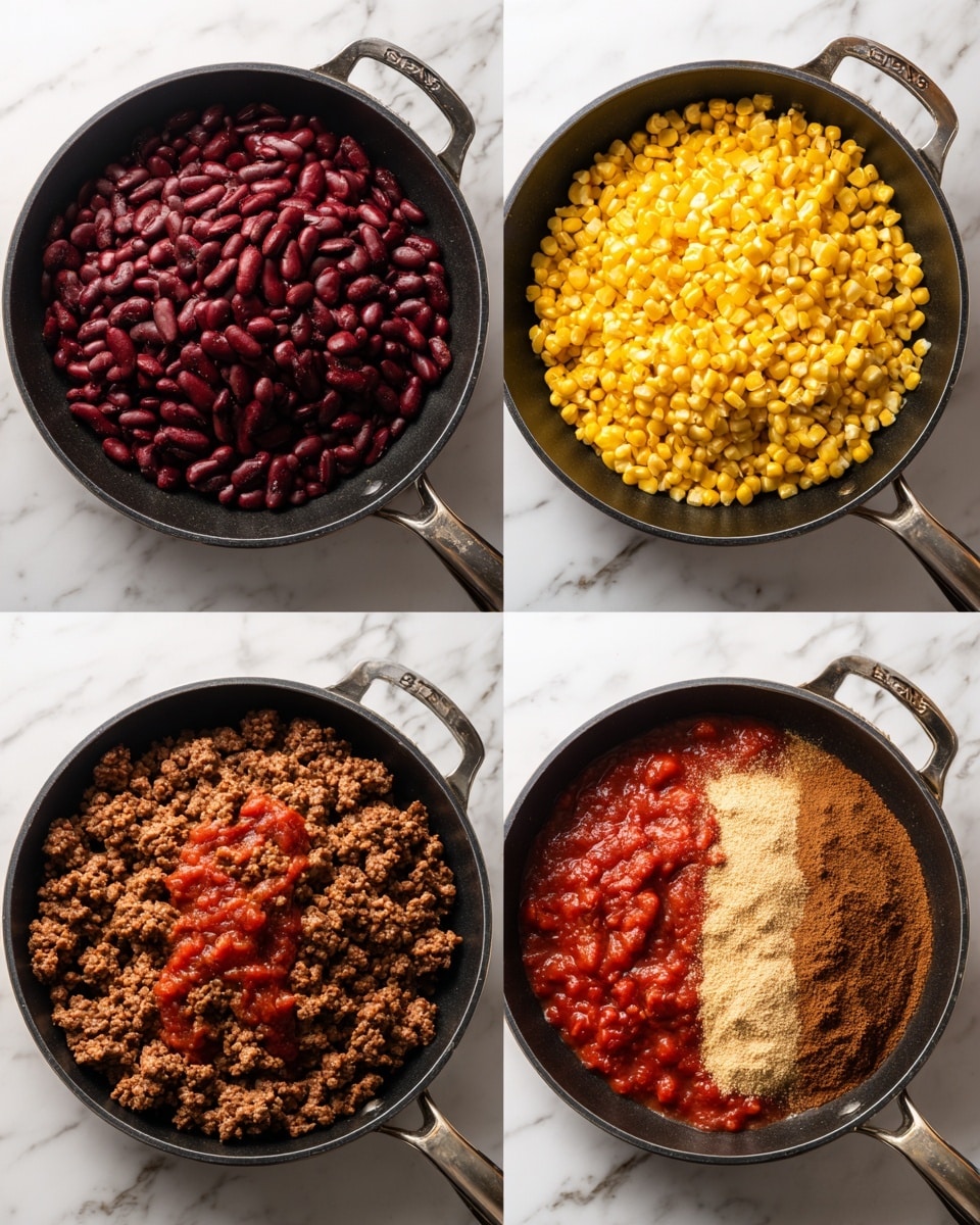 The images show a large black pan filled with cooked ground meat as the base layer, covering most of the surface. On top of the meat in the first image, there are two piles: bright yellow corn kernels in the center front, and dark red kidney beans behind the corn, slightly to the left. In the second image, the corn and beans are mixed more into the ground meat, and two additional layers are added on top: a reddish tomato sauce on the upper right side and a pile of light brown chili powder or seasoning in front of the sauce. The pan is placed on a white marbled surface. photo taken with an iphone --ar 4:5 --v 7