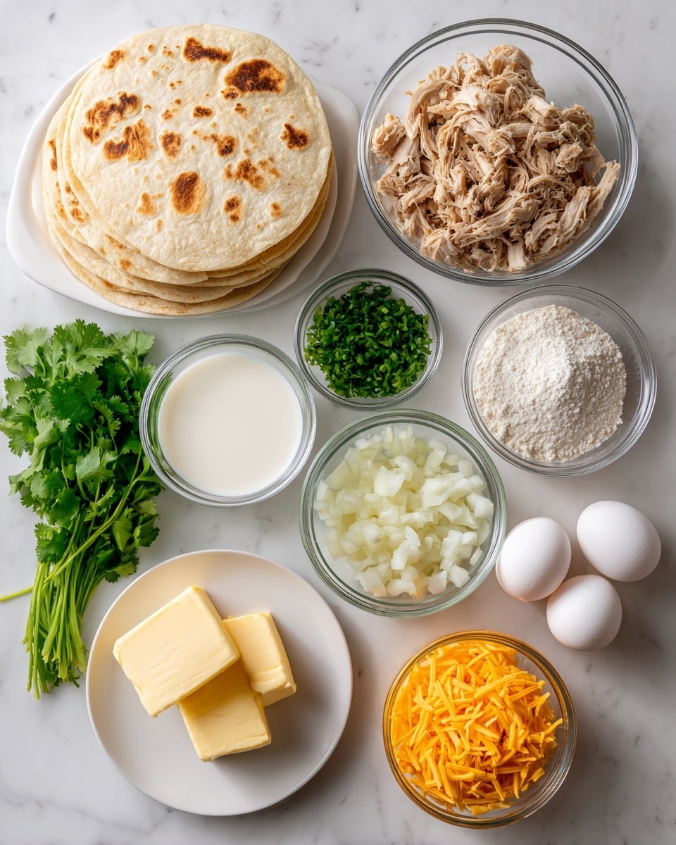 The image shows various clear glass and white bowls and plates arranged neatly on a white marbled surface. On the left is a stacked pile of light beige tortillas with brown spots. Above it is a clear glass bowl filled with shredded light brown cooked chicken. Below and to the left is a bunch of green cilantro with stems. In the center bottom is a white plate holding two light yellow blocks of butter. To the right of the cilantro is a clear bowl of small white diced onions. Above the chicken is a clear bowl filled with white milk. In the middle is a small white bowl of finely chopped dark green jalapeños. Below it is a small white bowl of coarse white salt. Right of the jalapeños is a glass bowl full of shredded orange cheddar cheese. Below the cheese is a small white bowl of white sugar, and to the right is a small white bowl with black ground pepper. To the far right is a clear glass bowl with a white flour mound, next to two white eggs. Everything is bright and clearly shown. Photo taken with an iphone --ar 4:5 --v 7
