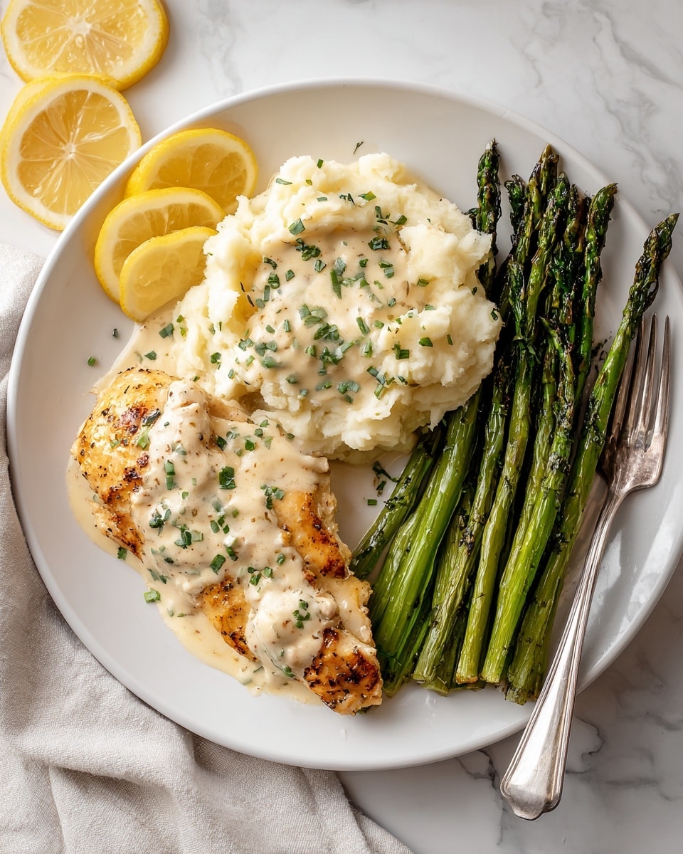 A white plate on a white marbled texture holds a meal with three parts. On the left side, there is a golden-brown cooked chicken piece covered in light creamy sauce sprinkled with small green herbs. To the right of the chicken, a mound of mashed potatoes sits topped with some of the same creamy sauce and green herb pieces. Above the mashed potatoes, a bunch of green roasted asparagus spears lie in a neat row, showing slight char marks. In the top left corner of the scene, three lemon slices are partially visible. A white cloth napkin is placed on the right side of the plate. Photo taken with an iphone --ar 4:5 --v 7