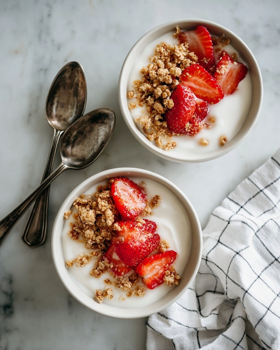 Two white bowls sit on a white marbled surface, each filled with a smooth white yogurt-like base. On top of each bowl, there is a layer of crumbled light brown biscuits and fresh red strawberry pieces with visible seeds and glossy textures. To the left of the bowls, there are two vintage, slightly tarnished silver spoons crossed over each other. At the bottom right corner, a white cloth with a black grid pattern is partially visible. The scene is bright and airy with soft natural light. photo taken with an iphone --ar 4:5 --v 7