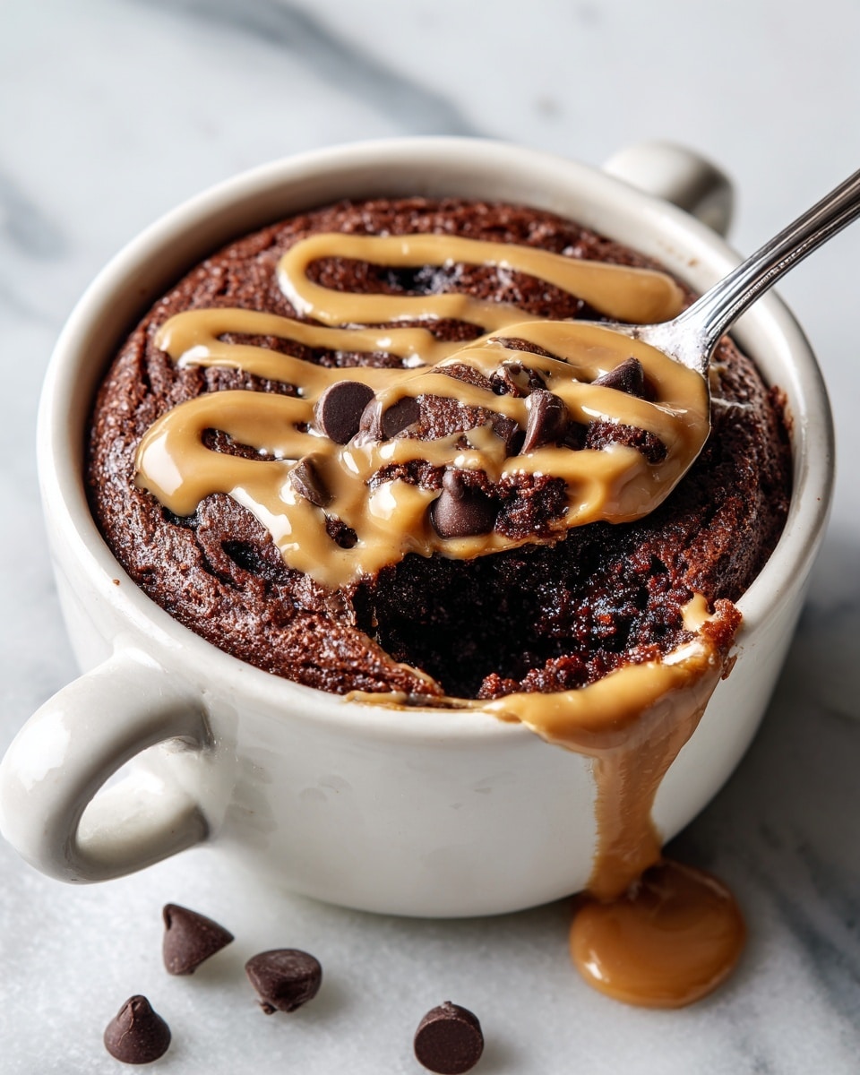 A white bowl with two small handles holds a rich dark brown chocolate cake with a soft, moist texture. Drizzled over the top is a smooth light brown peanut butter sauce creating thin, uneven stripes. Scattered within the cake are large, shiny, dark chocolate chips adding a glossy contrast. A metal spoon scoops into the cake from the bottom right, revealing the dense, fudgy inside. Around the bowl, a few loose dark chocolate chips rest on a white marbled surface. photo taken with an iphone --ar 4:5 --v 7