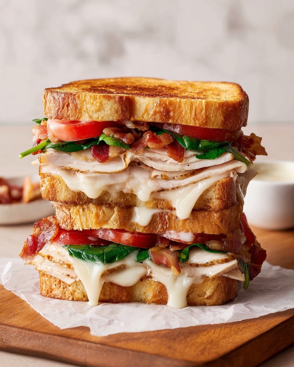 A sandwich stacked in three layers sits on a wooden surface with white parchment paper underneath. Each layer has golden toasted bread with a slightly crispy texture and a warm color. Between the bread layers, there are slices of pale, smooth turkey, bright green leafy spinach, slices of red tomato, and crispy pieces of brown bacon. Melted white cheese oozes slightly from between the layers, adding a creamy texture. The background features a soft white marbled texture with a small white bowl partially visible on the right side. photo taken with an iphone --ar 4:5 --v 7