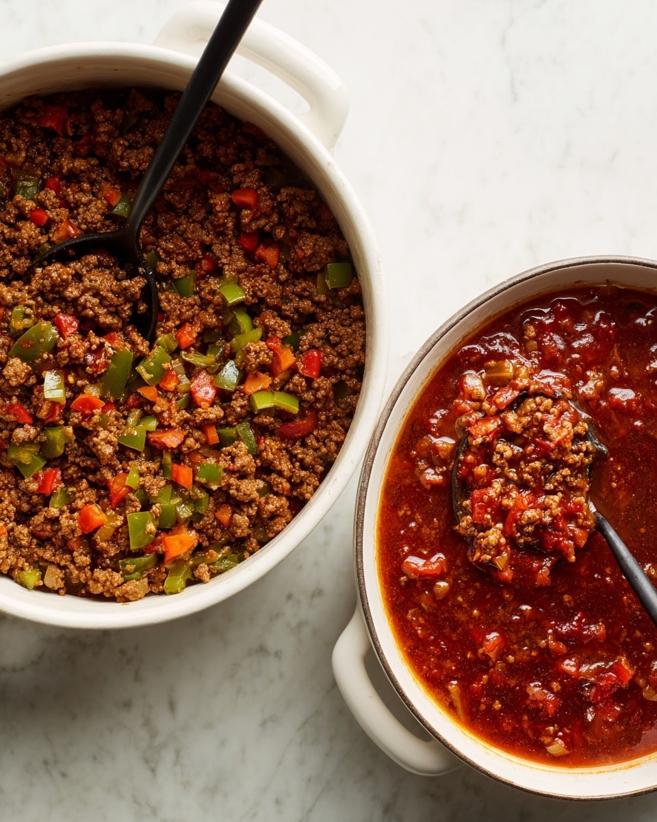 Two white pots shown on a white marbled surface. The left pot contains cooked ground meat mixed with small pieces of green and orange bell peppers and diced white onions. A black spoon is partially inside the pot, resting in the mixture. The right pot contains the same ground meat mixture now cooked in a sauce with chunks of red tomatoes and visible bits of the same peppers and onions, creating a rich, reddish-brown, slightly watery texture. A black spoon stands inside the sauce, lifting some of the cooked mixture. Photo taken with an iphone --ar 4:5 --v 7
