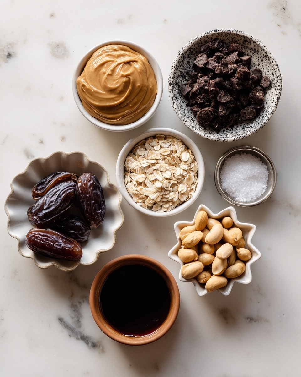 Seven small white bowls are placed on a white marbled surface. The top left bowl holds smooth, light brown peanut butter. To its right, a bowl with black speckled edges contains dark, wrinkled dates. Below, from left to right, a bowl with a scalloped edge is filled with dark chocolate chips, a small white bowl holds dry light golden rolled oats, and a tiny metal cup contains white salt. In the center, a bowl shaped like a flower holds whole peanuts with a golden-brown color. Finally, a small brown ceramic cup at the bottom holds dark vanilla extract. The bowls are evenly spaced in a neat arrangement. photo taken with an iphone --ar 4:5 --v 7