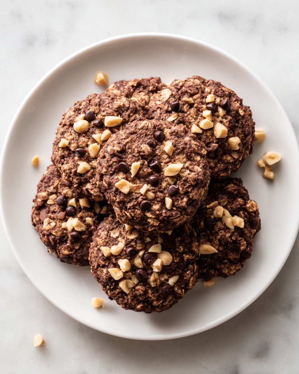 A white plate holds a pile of dark brown round cookies with a rough texture, showing bits of oats or grains. Each cookie is topped with small pieces of chopped light tan nuts and tiny dark chocolate chips, adding a crunchy look on top. The cookies have a slightly crinkled surface, and a few nut pieces are scattered around the plate. The plate sits on a white marbled surface. photo taken with an iphone --ar 4:5 --v 7