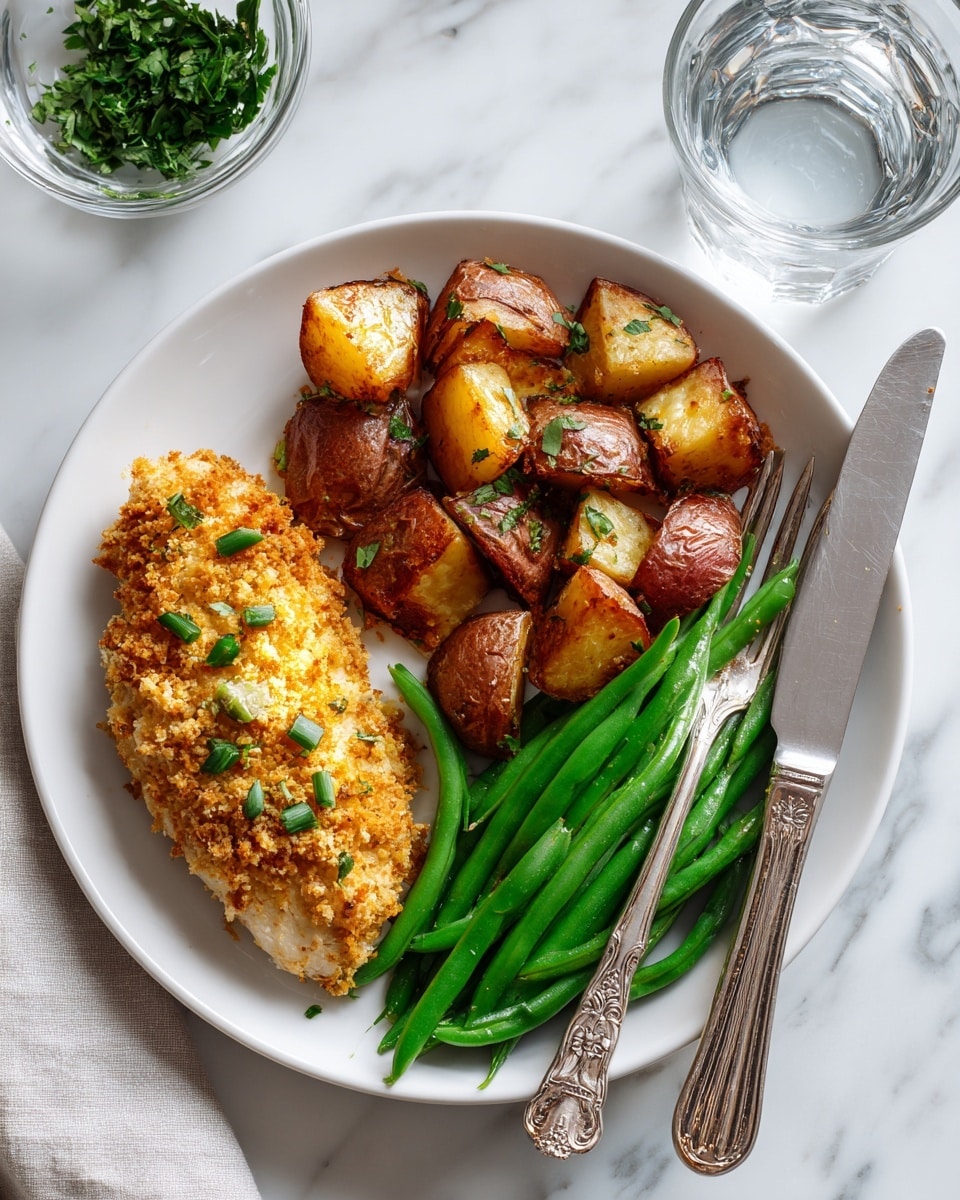 A white plate holds a meal with three main layers: on the left is a golden brown, crumb-coated chicken fillet with a crispy texture and small green herb pieces scattered on top; on the right side are chunks of roasted red potatoes, browned on the edges with some green herbs sprinkled over them; and at the bottom of the plate is a pile of bright green, cooked green beans with a glossy surface. A silver knife and fork with ornate handles lie on the right edge of the plate, resting on a white marbled surface. Nearby are a clear glass of water and a small bowl of fresh green herbs. photo taken with an iphone --ar 4:5 --v 7