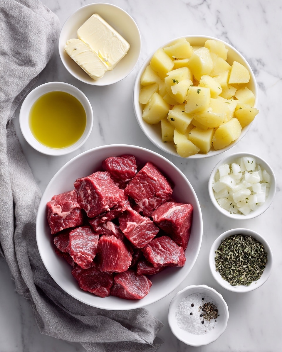The image shows a white bowl in the center filled with deep red steak pieces that have a marbled texture. Below and to the right is a white bowl with yellow chopped potatoes, showing smooth and uneven surfaces. At the top left, a white bowl contains creamy yellow butter with a soft texture. To the left of the steak bowl is a small white bowl with golden olive oil that looks smooth and shiny. Below it is another small white bowl with chopped white garlic. At the bottom center, a small white bowl holds white salt and black pepper. On the top right side, two small white bowls show dried oregano and dried thyme, both light green and finely chopped. The whole setup rests on a white marbled surface with a soft gray cloth near the garlic bowl. Photo taken with an iphone --ar 4:5 --v 7
