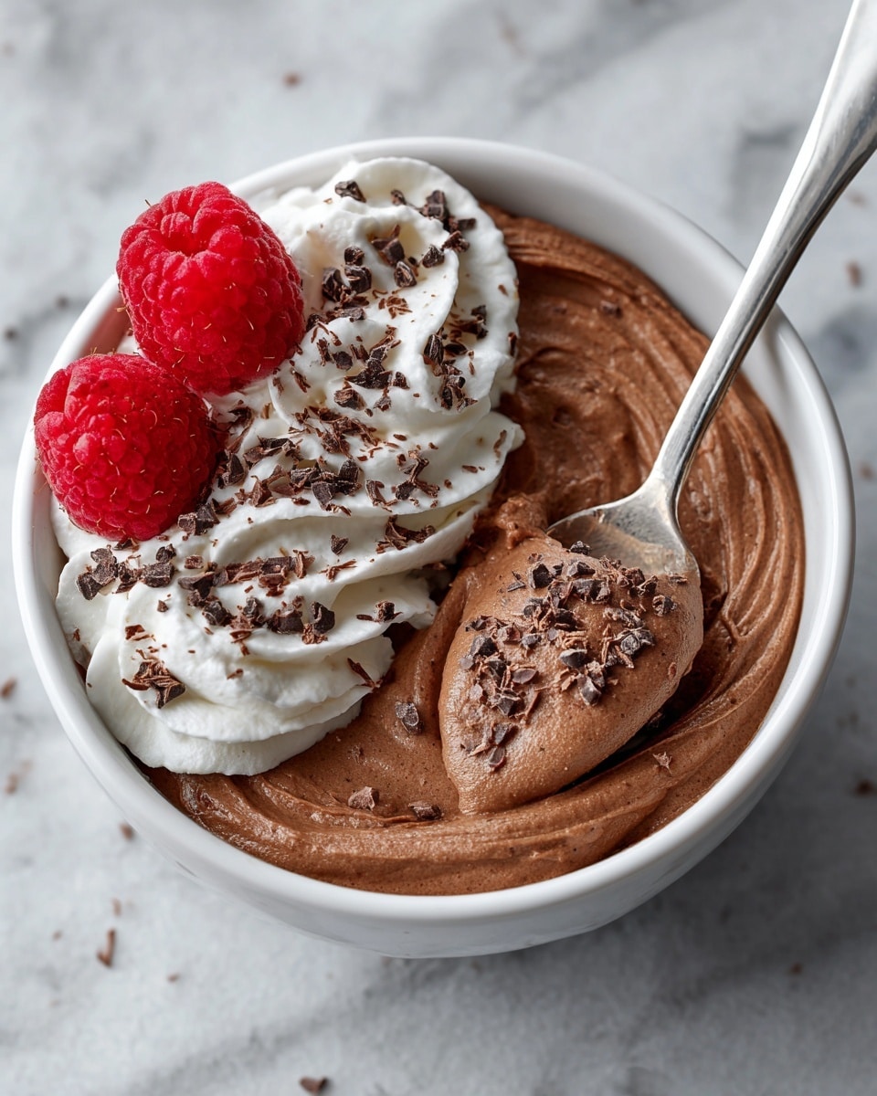 A white bowl sits on a white marbled surface, filled with a smooth and creamy light brown chocolate mousse layer. On top, there is a swirl of bright white whipped cream on the left side, sprinkled with small dark chocolate shavings. Three fresh red raspberries are placed close together on the upper center of the mousse. More dark chocolate pieces and tiny shavings are scattered on the top right area of the mousse, adding a textured contrast. The lighting is soft and natural, highlighting the mousse's glossy smoothness and the freshness of the raspberries, photo taken with an iphone --ar 4:5 --v 7