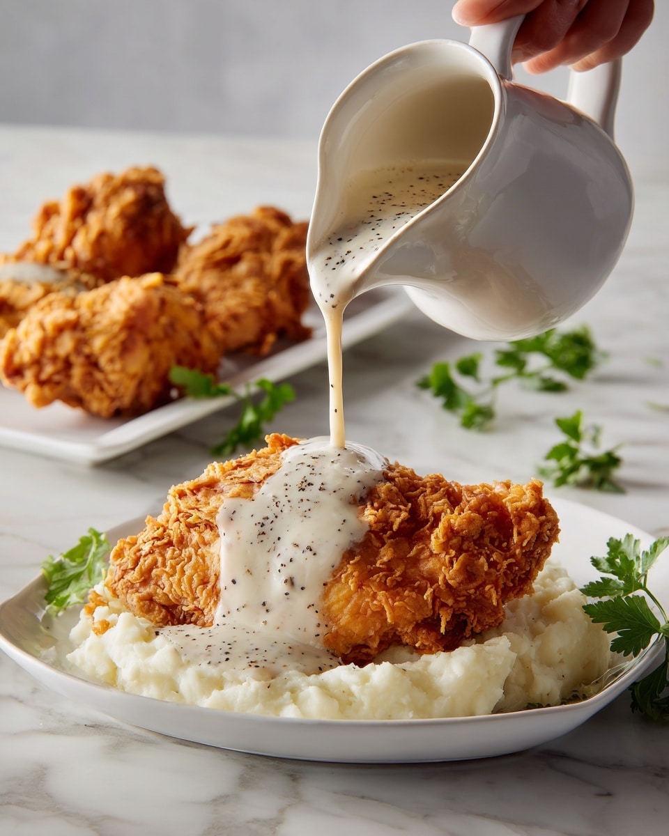 A close-up of a meal with two main layers: the bottom layer is a large piece of crispy fried chicken with a deep golden brown color and a rough, crunchy texture, placed on a layer of creamy mashed potatoes that are white and smooth. On top, thick white gravy with black pepper specks is being poured over the fried chicken from a white pitcher held by a woman's hand. In the background, there is a white rectangular plate holding three more pieces of fried chicken and green parsley leaves scattered around. The setting is on a white marbled surface. Photo taken with an iphone --ar 4:5 --v 7