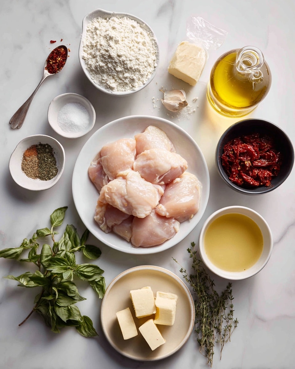 The image shows ingredients for cooking arranged neatly on a white marbled surface. In the center, a white plate holds raw chicken pieces that are pale pink and smooth. Surrounding the chicken in a circular layout are small white bowls and plates filled with other ingredients: a white measuring cup with white flour, a black bowl with coarse white salt, a white bowl with cracked black pepper, a clear glass bottle of golden olive oil, a white bowl of yellow chicken stock, and a small white bowl full of bright red sundried tomatoes. There is also a small beige plate holding two chunks of yellow butter, a white bowl filled with creamy heavy cream, and a tiny white bowl with brown Italian seasoning. Nearby are clusters of fresh green basil and oregano sprigs, small scattered garlic cloves, and a wedge of pale yellow parmesan cheese wrapped in plastic with a label visible. A spoonful of red chili flakes rests beside the herbs, completing the ingredient set. Photo taken with an iphone --ar 4:5 --v 7